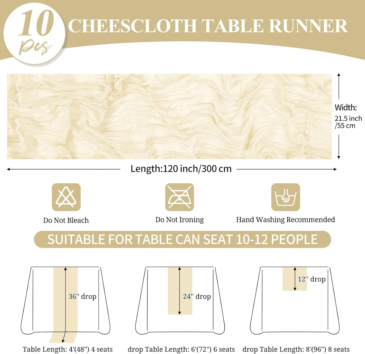 10 Pack Ivory Cheesecloth Table Runner 20 x 120 Inch Rustic Gauze Boho Cheese Cloth Table Runners 10Ft for Wedding Party Bridal Shower Decoration