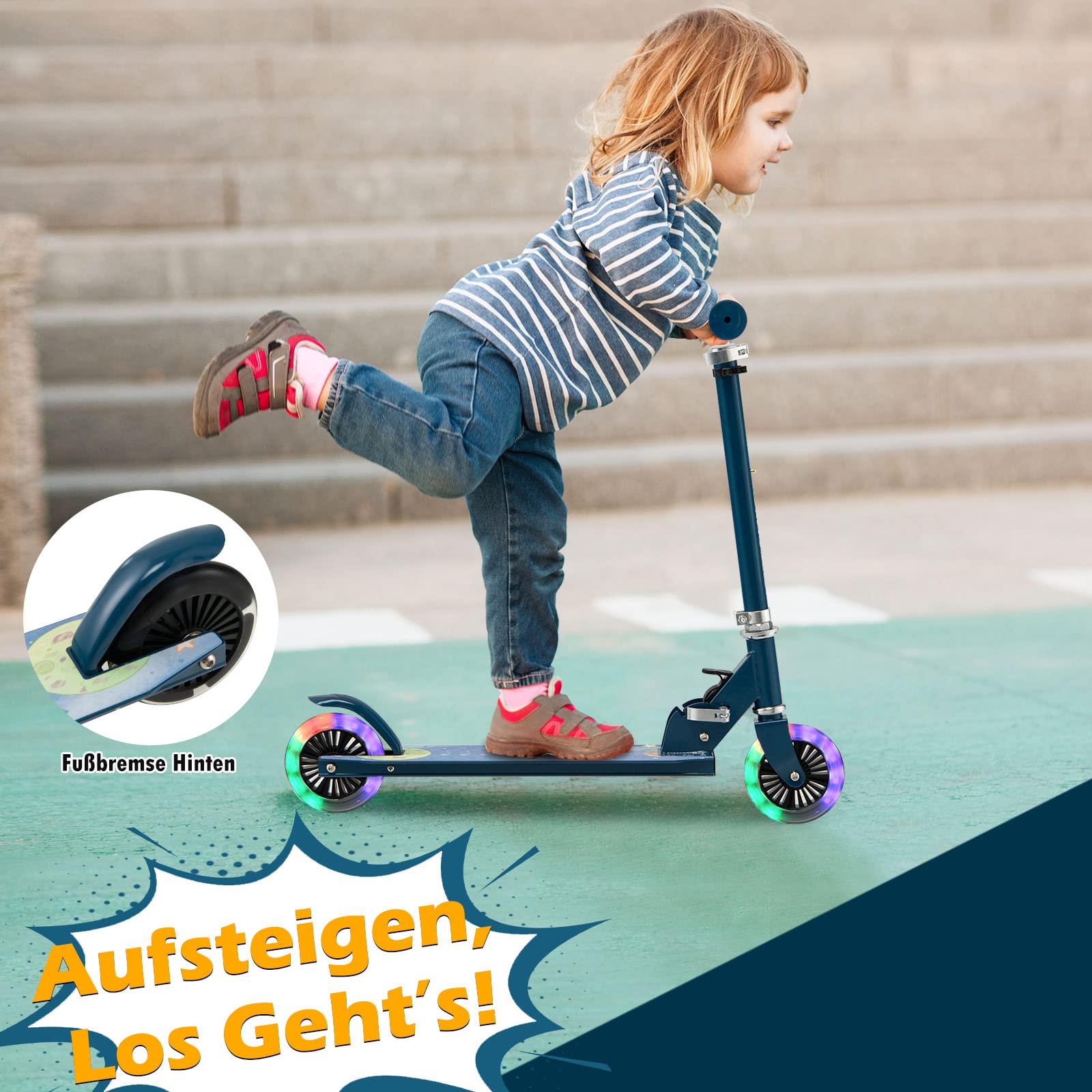 GOPLUS Roller Kinder 3 Jahre, 3-Stufig höhenverstellbarer Kinderroller, Kinder Scooter mit LED Rädern & Hinterradbremse, klappbarer Kickscooter mit/ohne Tragegurt & Ständer, Leichter Aluminium-Roller
