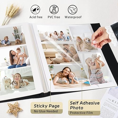 Miniatura 2 de RECUTMS - Álbumes personalizables para 60 fotos de 4x6, 5x7 o 8x10 con páginas adhesivas y tapa de cuero con diseño granulado y botón para recuerdo