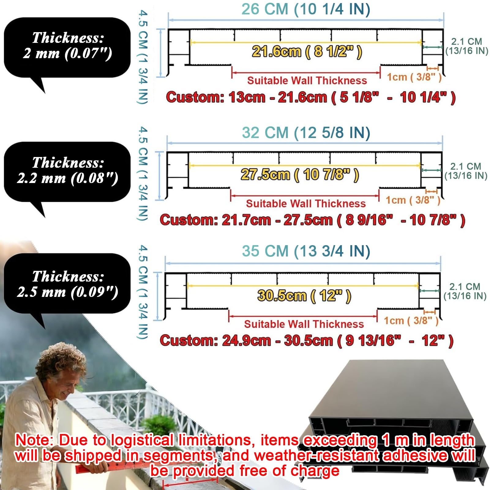 Tapas de Aluminio de Remate de Muro de Parapeto para Patio Villa Terraza | Placa de Cubierta Superior para Renovación de Muros de Ladrillo, Hormigón y Piedra con Goterón(L 78.7",W 7 3/8")