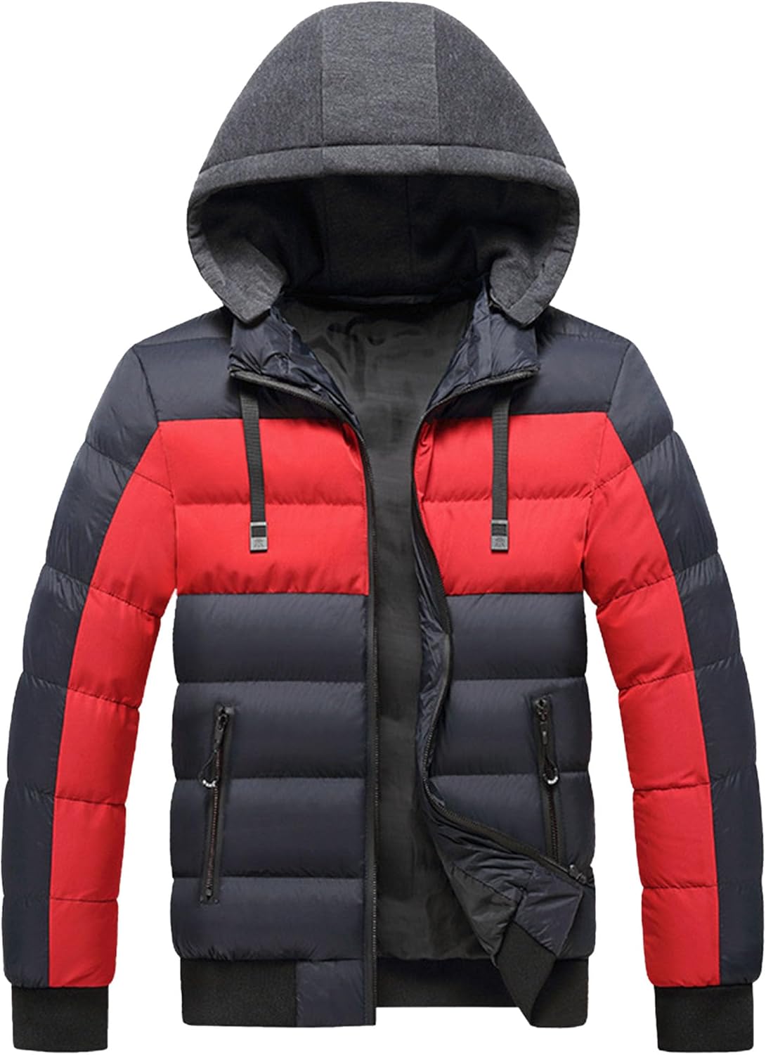 Men's Warm Thicken Coat Windproof Winter Hooded Parka Jacket Patchwork Padded Color Block Quilted Outwear