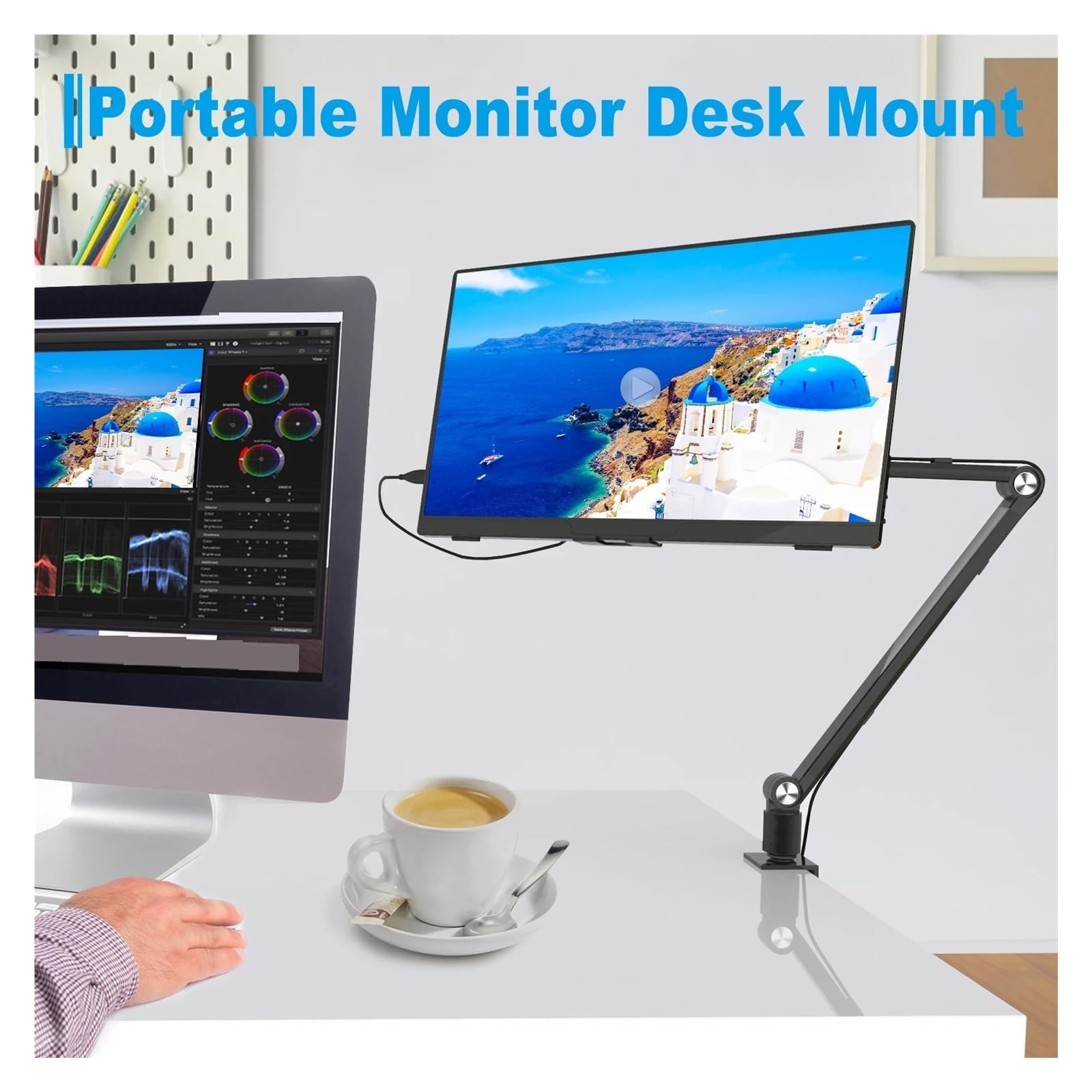 Ramię monitora, Uchwyt do stojaka na tablet, przenośny uchwyt biurko monitora ekranu 15,6'' 16'', aluminiowe długie ramię obrotowe(Wit)