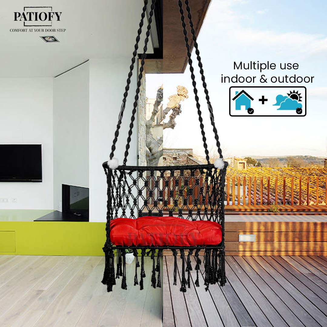 Patiofy Made in India Premium C-Swing Chair for Adults, Kids Hammock-Hanging Chair Swing with Red Color Cushion and Accessories (Polyester)(Black-Red)