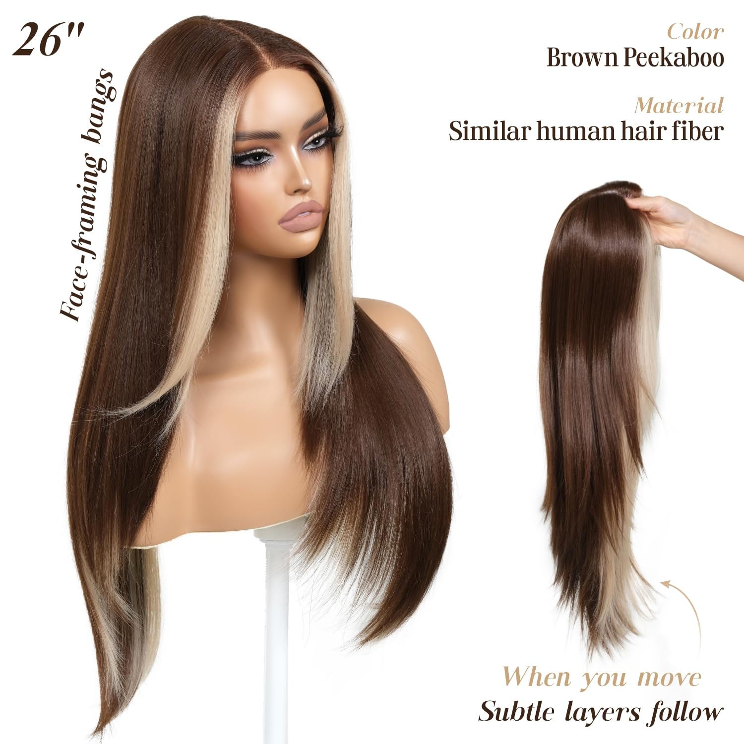 ENCOUNTERU Glueless Wig Wear and Go Brown Wig with Highlight Bangs Synthetic Lace Front Wigs for Women Pre Cut Lace Pre Plucked Peekaboo Layered Wig Ready to Wear Middle Part 26 Inch