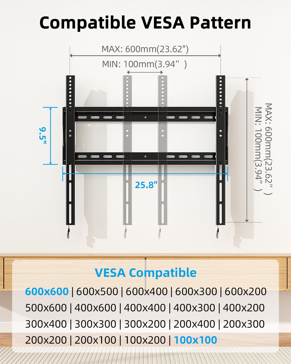 HOME VISION Supporto fisso da parete per TV fino a 100", VESA max 600 x 600 mm fino a 200 kg, adatto a perni in legno da 16/18/24", staffa universale a basso profilo per TV, salvaspazio, HV8602