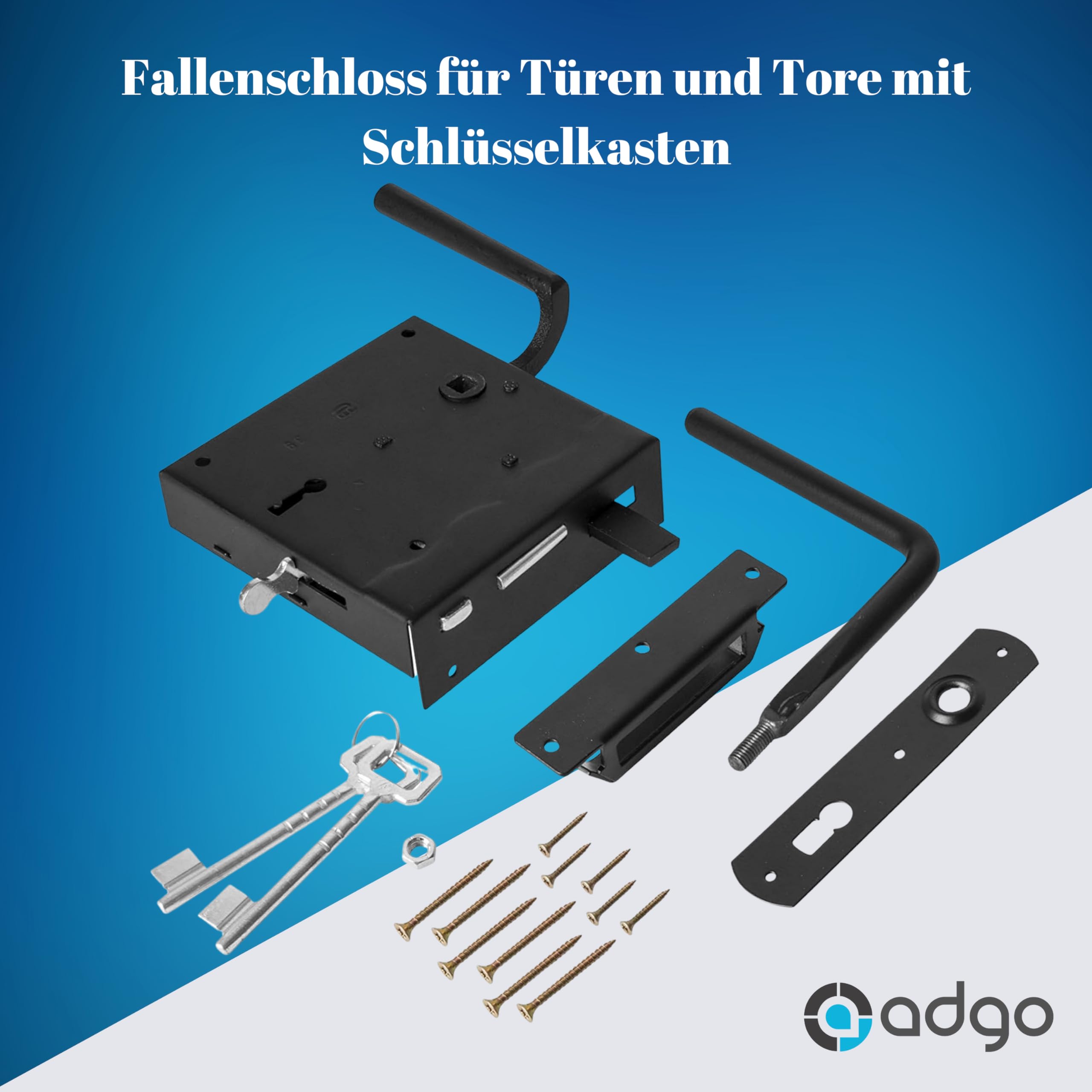 ADGO Schloss für Tür und Tore Schloss Riegel Schloss mit Schlüssel Kastenschloss mit einem Ventil Linke Tür Schliessblech pulverbeschichtet Stahlgriff Edelstahl Schwarz 100 mm
