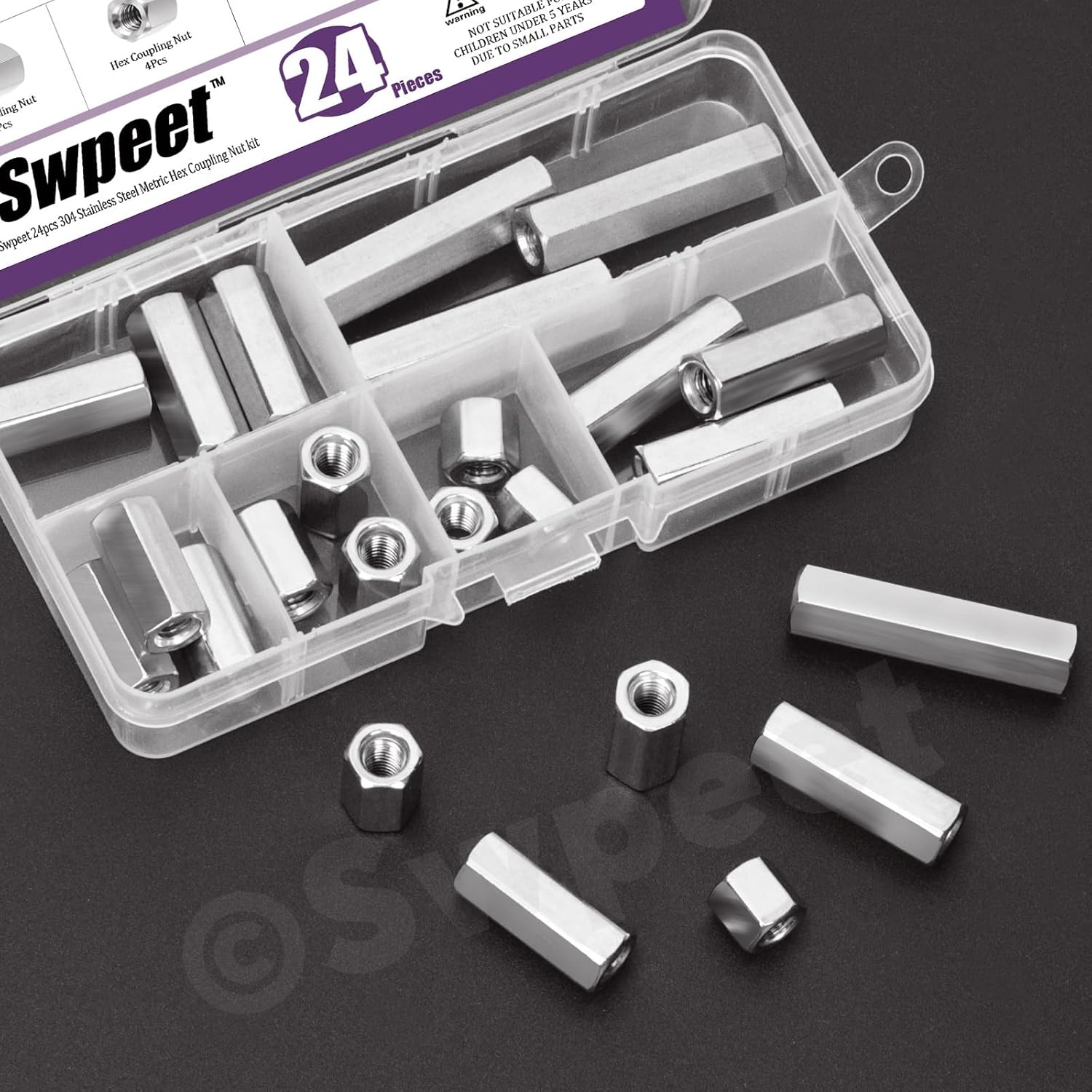 Swpeet 24Pcs 6 Sizes Metric M6 X 1.0-Pitch X 10mm/15mm/20mm/25mm/30mm/40mm Length 304 Stainless Steel Hex Rod Connector Nuts Coupling Nuts Assortment Kit, Female Thread for Camera Pan, Lamp Bracket