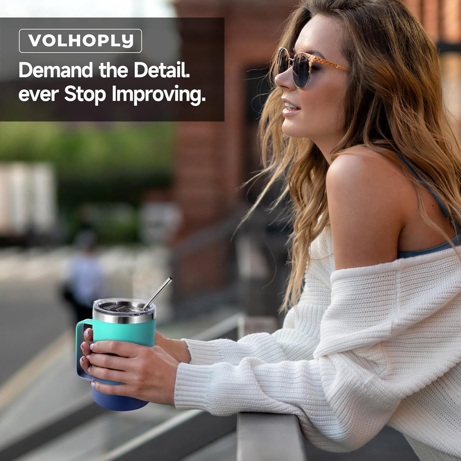 Volhoply 16oz Insulated Coffee Mug with Lid and Straw, Stainless Steel Travel Mugs with Handle, Double Wall Vacuum Leak Proof Coffee Tumbler Cup (Green Blue,1) - Image 7