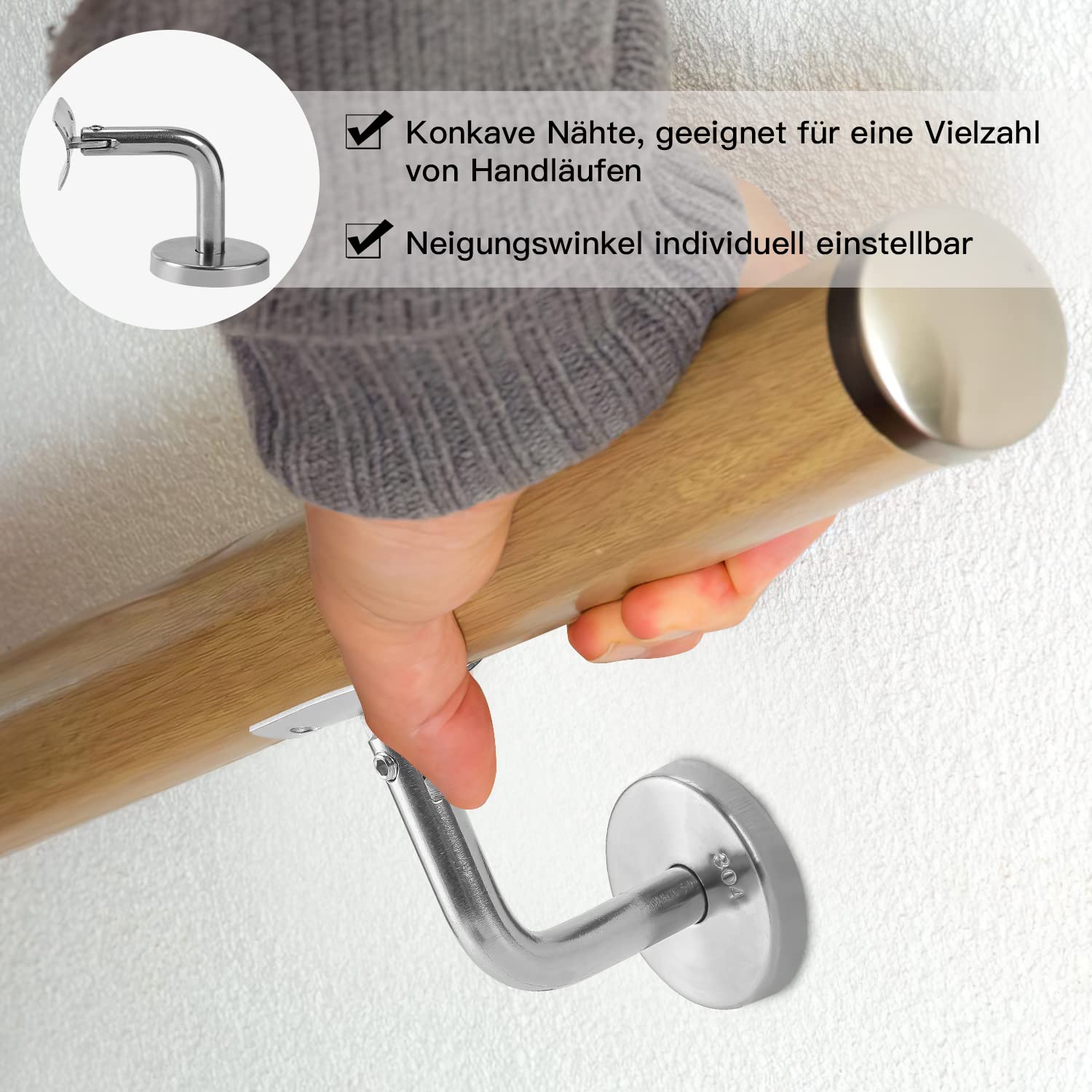 Ikodm Lot de 10 supports de main courante en bois plat avec rosace de recouvrement en acier inoxydable, inclinaison réglable pour mur intérieur, loft, mains courantes âgées, barre de support de