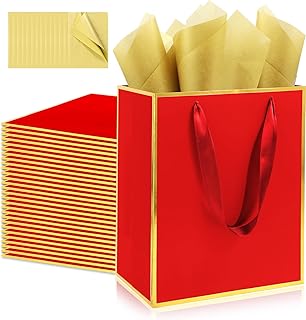 Addblu 28 Pack Bulk Luxury Gift Bags with Handles, Medium Size 9x7x3.15 Inches - Includes 28 Tissue Papers for Wedding, Birthday, Baby Shower, Thanksgiving, Christmas, & Party Favors (Red with Gold Foil Trim)