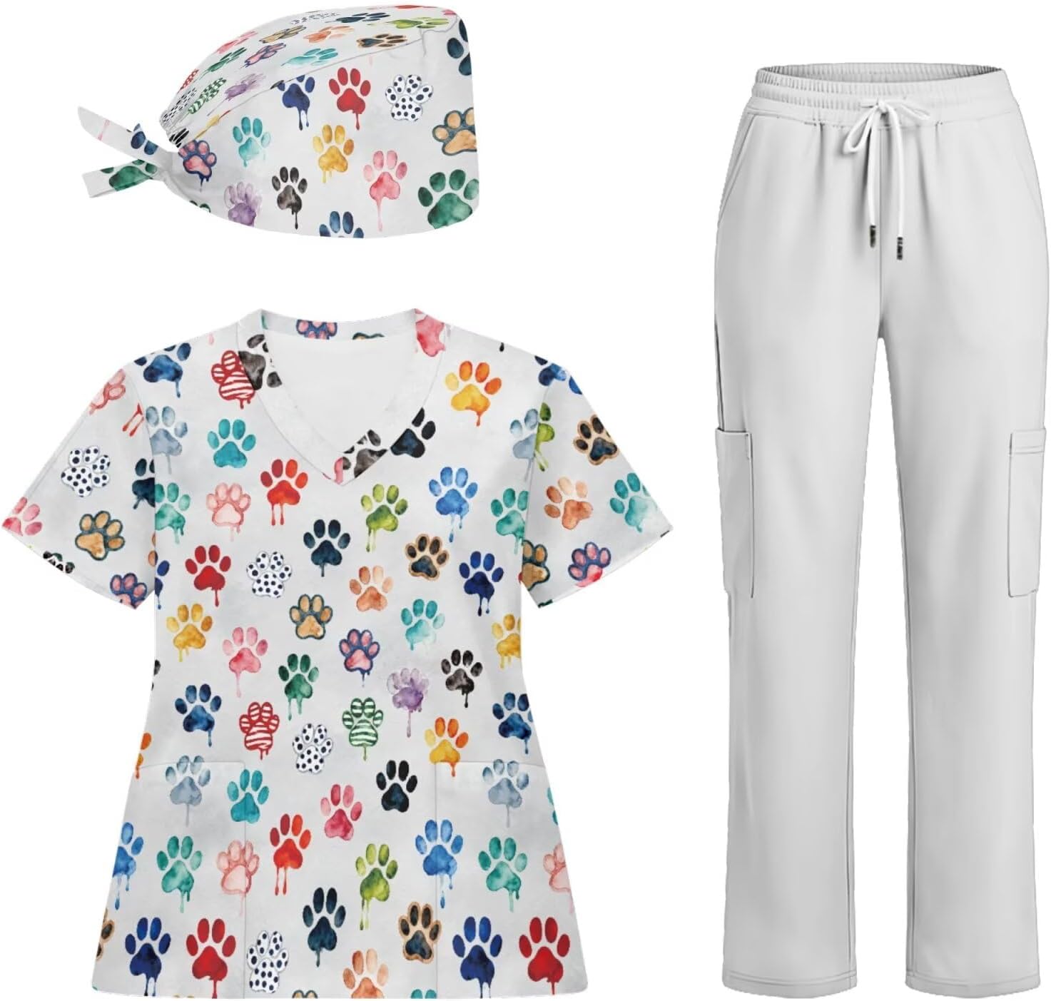 Women's 3Pcs Scrubs Set with Work Cap Print Medical Uniform V Neck Top and Straight Jogger Pants with Six Pockets