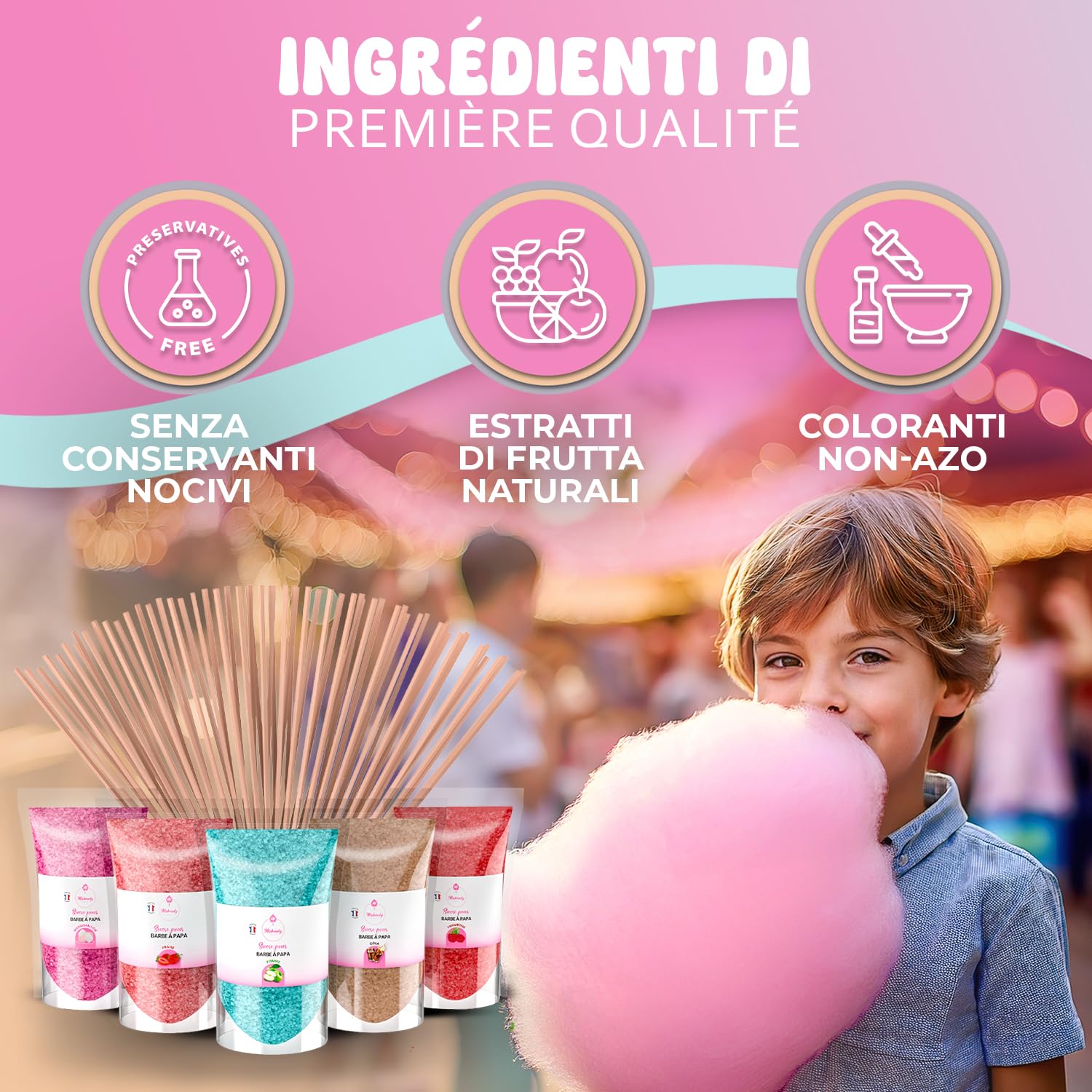 Misskandy® Zucchero per Zucchero Filato (5x160 gr) - Set di 5 Gusti (Fragola/Cola/Mela/Marshmallow/Lampone) - Aromi e Colori Naturali - 20 Bastoncini - MADE IN FRANCE