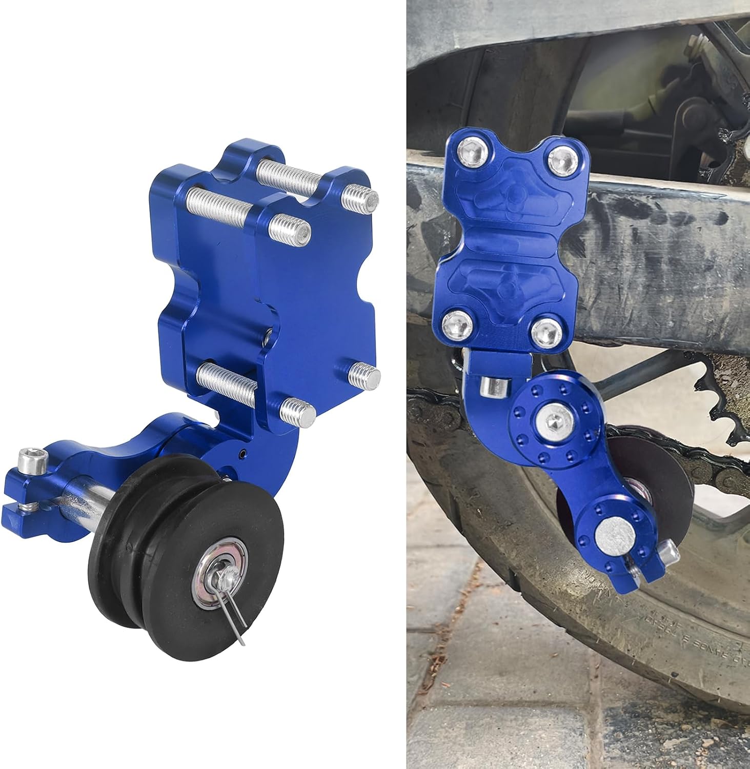 Universal Motorcycle CNC Aluminum Chain Adjuster Tensioner - Automatic Roller Tool for Motocross, Chopper, ATV & Dirt Bike (Blue)