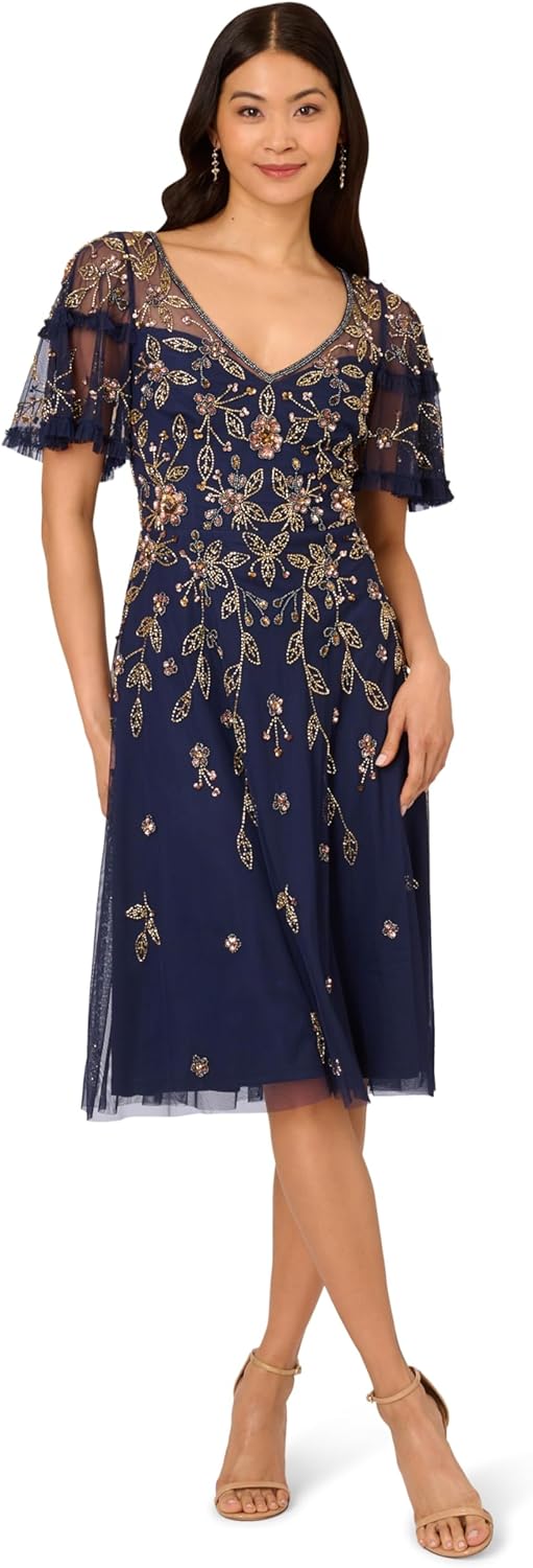 Adrianna Papell Women's Beaded Midi Dress, Navy Multi, 10