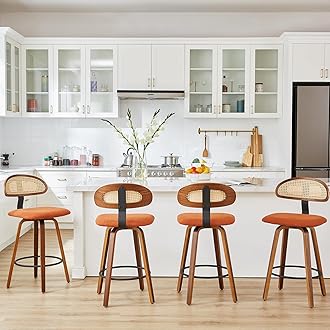 Swivel Counter Height Bar Stools Set of 4, 26" Upholstered Seat Barstools with Rattan Back, Bentwood Frame Mid Century Modern Bar Chairs for Kitchen Island, Dining Room or Bar (Brown)