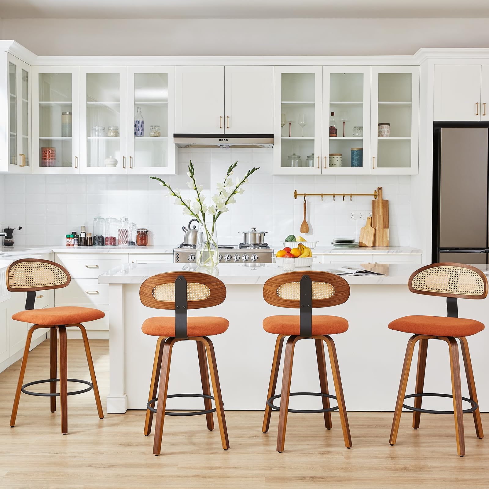 Swivel Counter Height Bar Stools Set of 4, 26" Upholstered Seat Barstools with Rattan Back, Bentwood Frame Mid Century Modern Bar Chairs for Kitchen Island, Dining Room or Bar (Brown)
