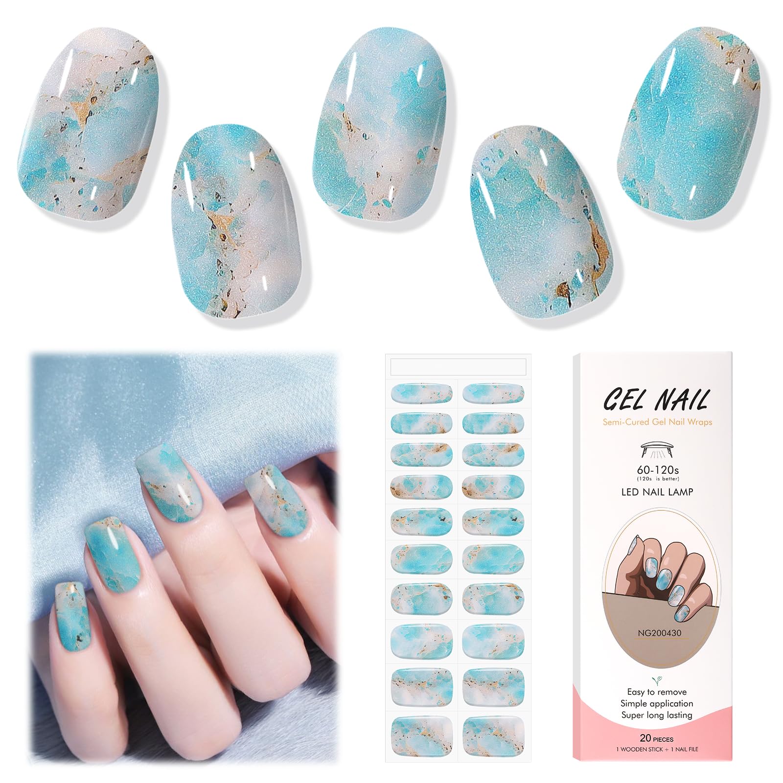 EBANKU Semi Cured Gel Nail Strips, 20PCS Sea Marble UV Gel Nail Stickers Summer Gel Nail Wraps for Home Nail DIY Salon-Quality Nail Strips with Nail