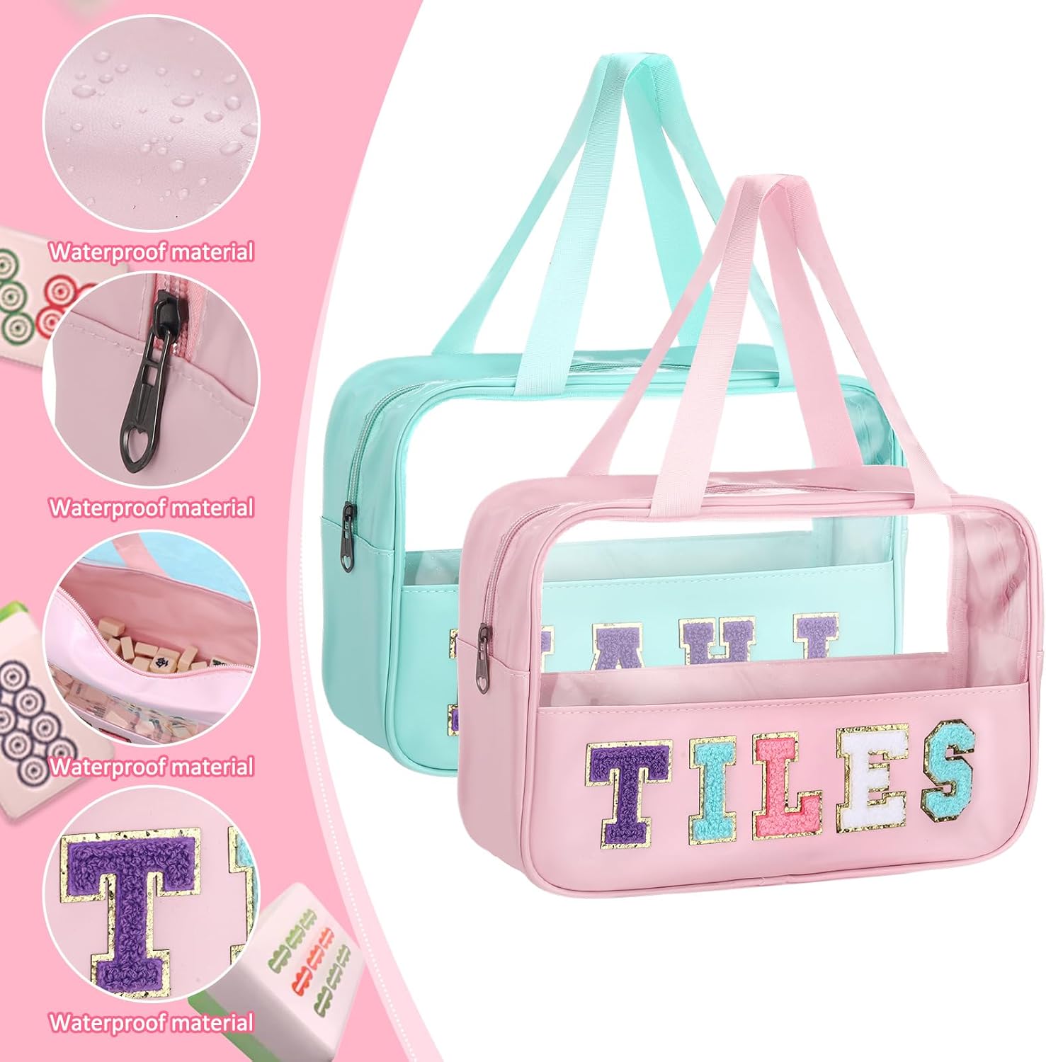 2 Pcs American Mahjong Tiles Bags 11.8" x 8.26" x 3.93"Waterproof PVC Clear Mahjong Case Size Zippered Storage Tile Holder Rack Empty Bag for Game Lover Gift Travel, Case Only