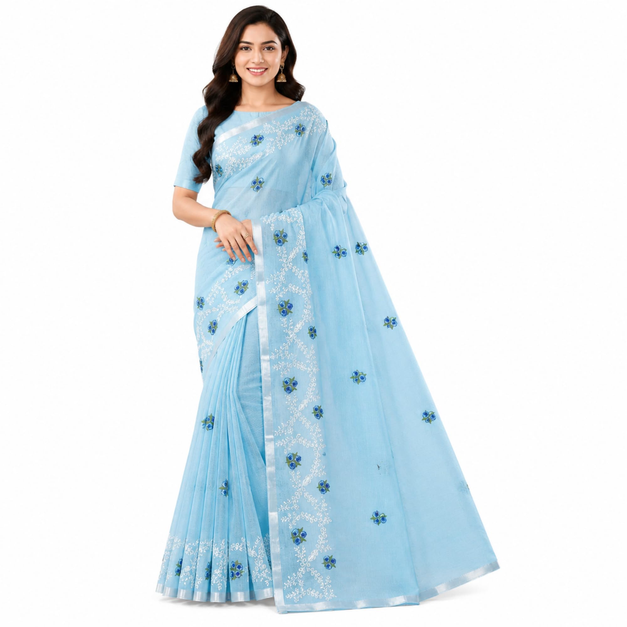 Women Pure SILK Kota Doriya Saree with Unstitched Blouse Piece Floral Embroidery Border Handloom Saree-image-44