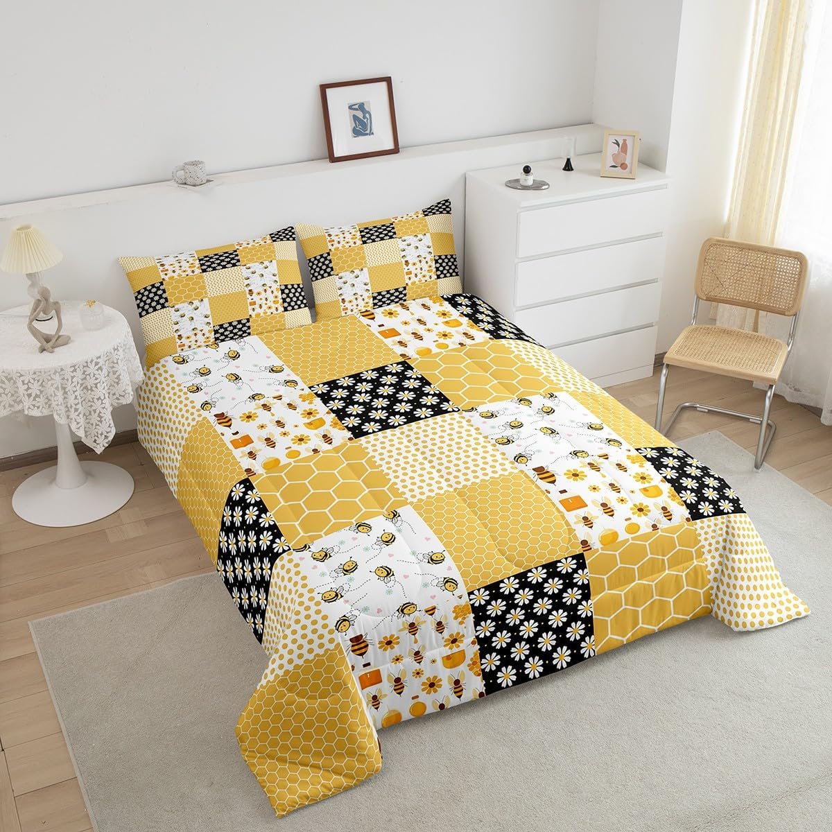 Feelyou Bee Comforter Set Queen Size Bee Honeycomb Daisy Bedding Set for Kids Boys Girls Garden Floral Decor Comforter Microfiber Buffalo Check Plaid Duvet Set