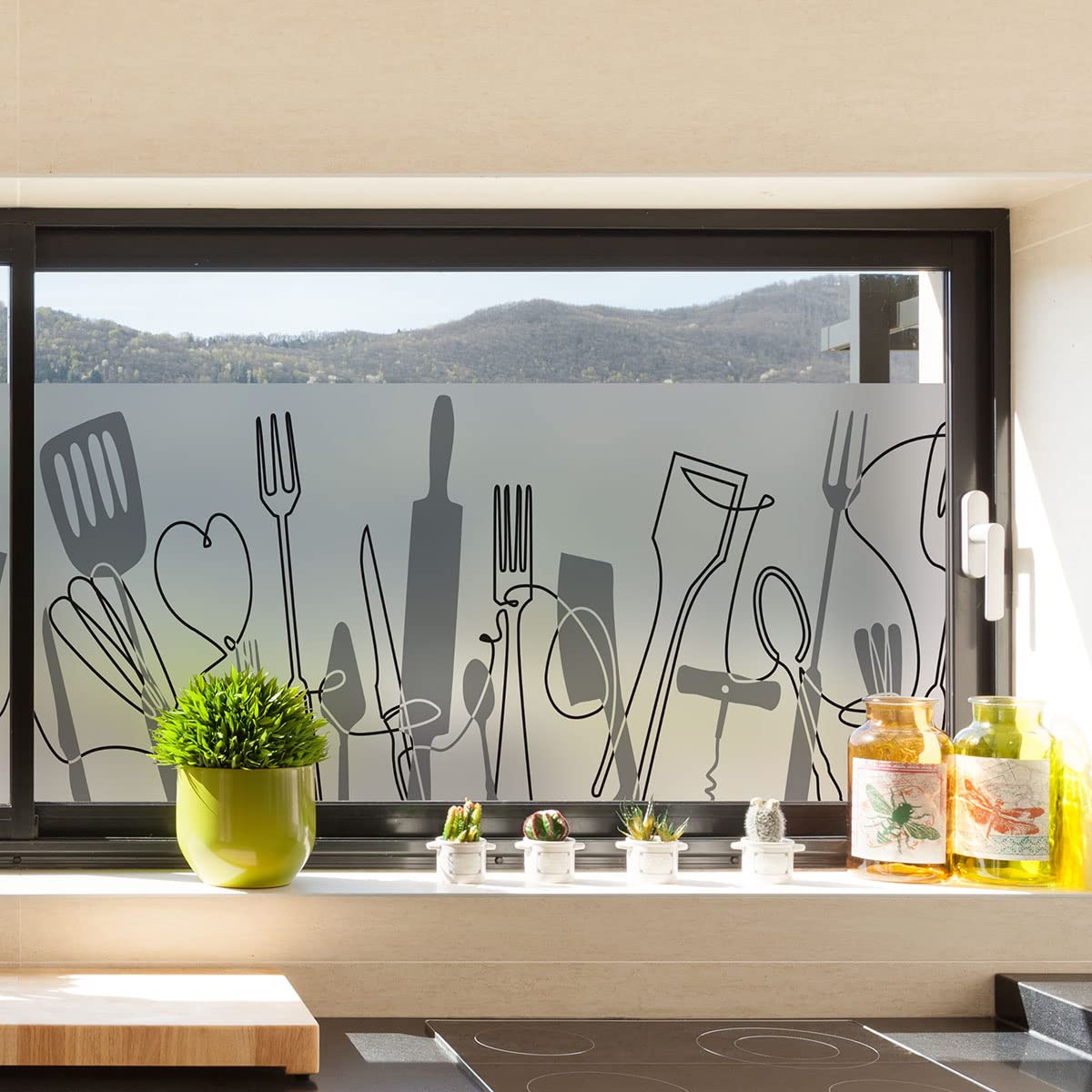 Ambiance Sticker Film Fenêtre Anti Regard Occultant - Cuisine USTENSILES - Stickers pour Vitres & Porte de Douche - 40x200cm | Adhésif vitre occultant, protège des regards indiscrets, résistant à l'eau, nettoyage doux, usage intérieur, brise vue
