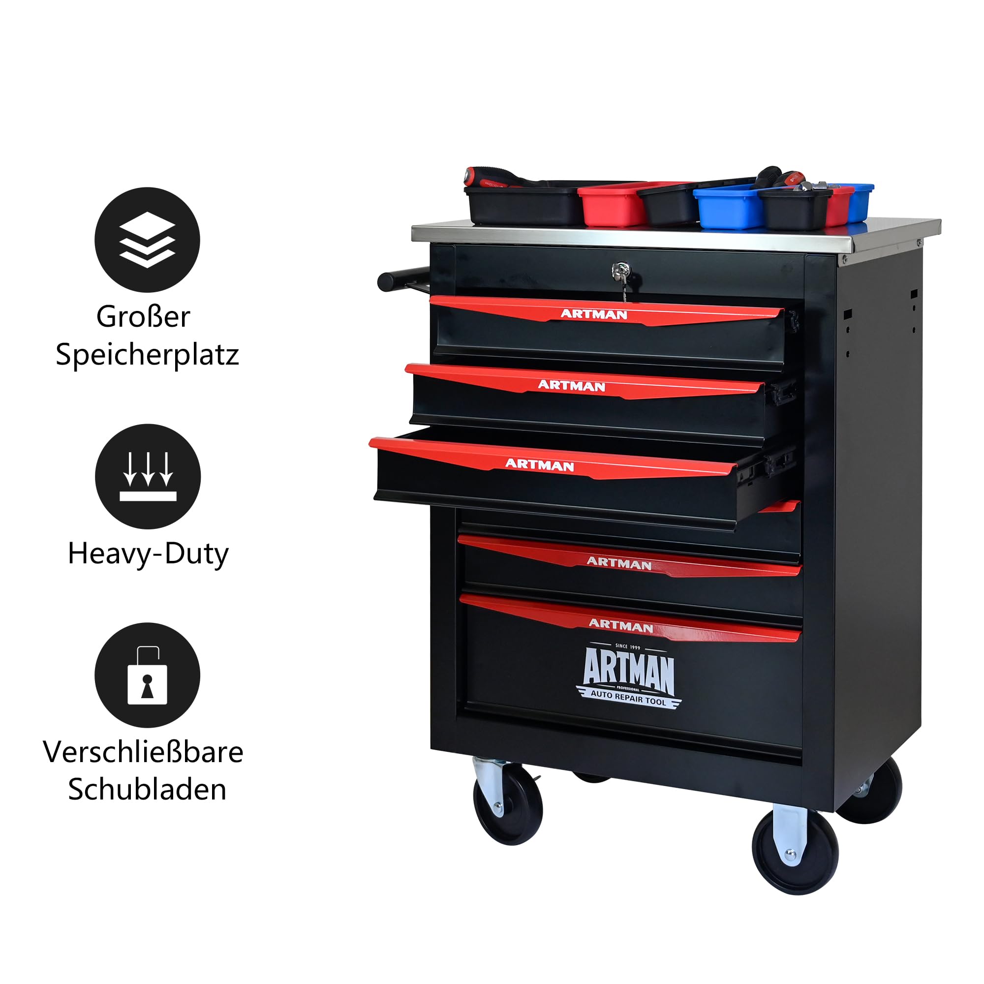 Carro de herramientas con ruedas, maletín rodante con 6 cajones, caja de herramientas de metal para garaje, taller, almacén, taller de reparación, carro de herramientas con techo de acero