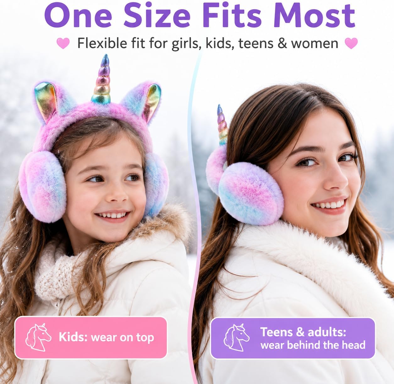 ZTL Foldable Unicorn Earmuffs for Girls Kids Women Soft Plush Winter Ear Warmers
