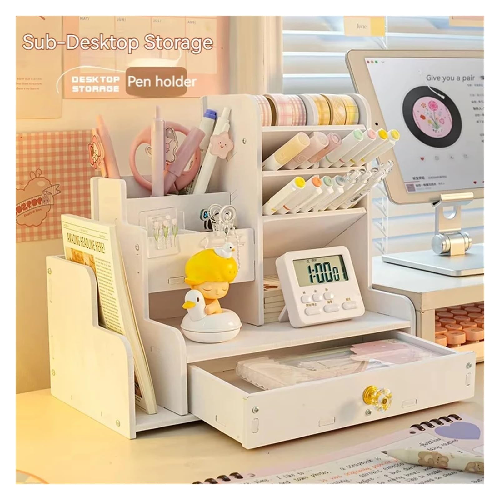 Stiftehalter Mark Pen Pencil Holder Wooden Desk Organizers Shelves Accessories Desktop Stationery Organizer Bookshelf Home Office Storage Box Für Schreibtische(White)