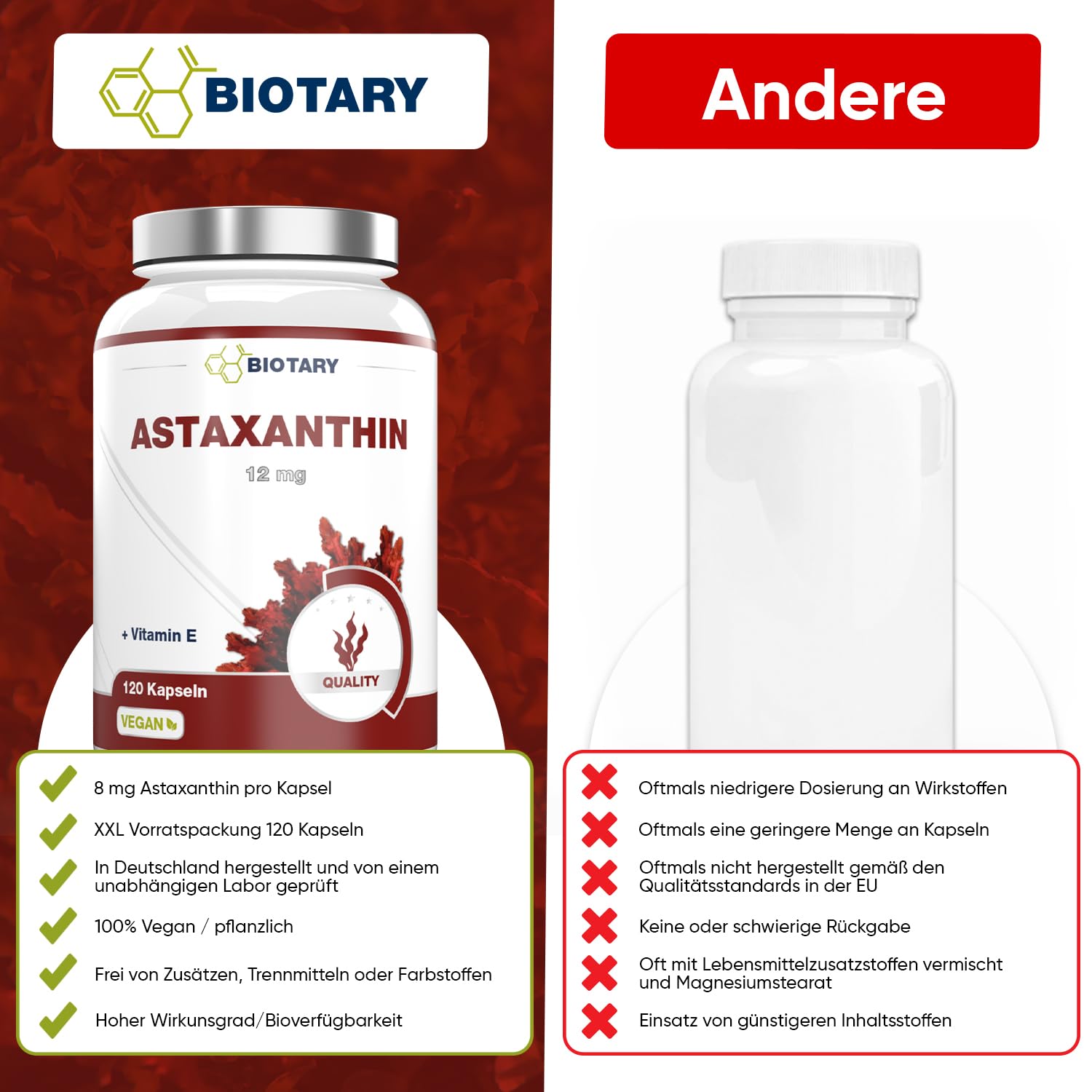 Astaxantina 8 mg 200 capsule vegetali vegane e naturali, con vitamina E, scatola di pillole inclusa, testata in laboratorio, Haematococcus Pluvialis, fornitura da 6 a 7 me