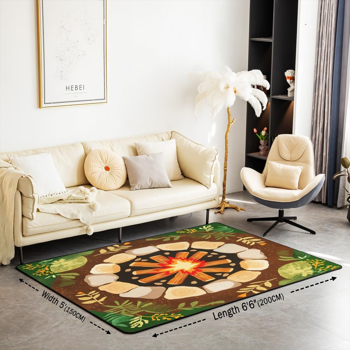 Feelyou Campfire Play Area Rug 3x5 Tree Stump Living Room Rugs for Boys Girls Teens Decor Cartoon Stones Decorative Carpet Woodland Tree Themed Indoor Floor Mat Non-Slip