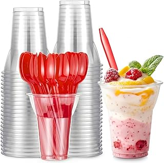 Baderke 50 Set Plastic Parfait Cups with Dessert Spoons Root Beer Float Cups Disposable Clear Milkshake Glasses Crystal Sundae Mugs for Yogurt Ice Cream Soda Party Drinks (Red Spoon,12oz)