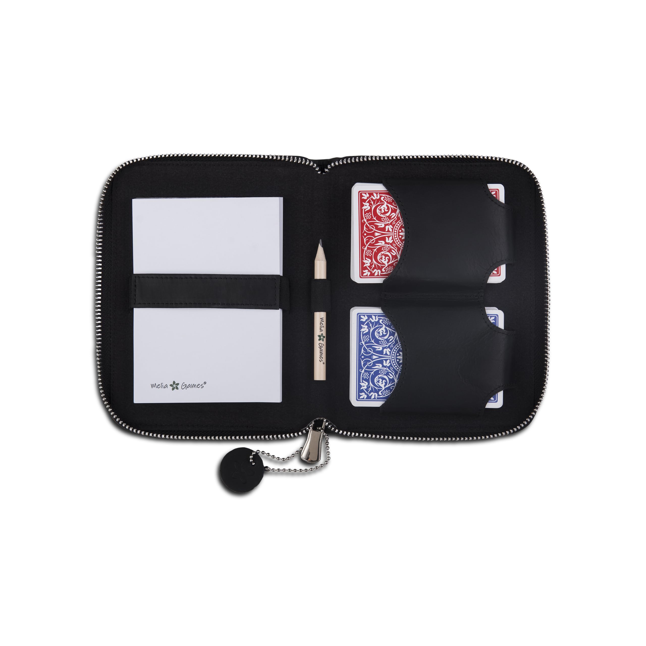 Melia Outlet Deluxe zestaw kart do gry ze skóry – etui na karty premium z 2 przegródkami na karty, notatnikiem i ołówkiem – luksusowy zestaw kart do pokera, remika i skat – etui z prawdziwej skóry