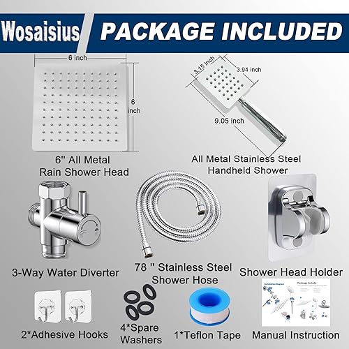 Miniatura 6 de Combo de cabezal de ducha de lluvia cuadrado de alta presión, equipado con ducha de mano de metal, manguera extra larga de 78 pulgadas, desviador de