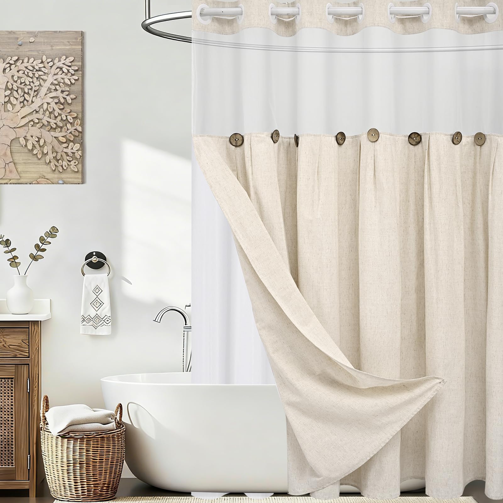 Alishomtll Shower Curtain for Bathroom, Washable Long Shower Curtains 180x205cm, Anti Mould Weighted Beige Bathroom Curtains with Snap-fastening Waterproof Inner Lining and Transparent Window