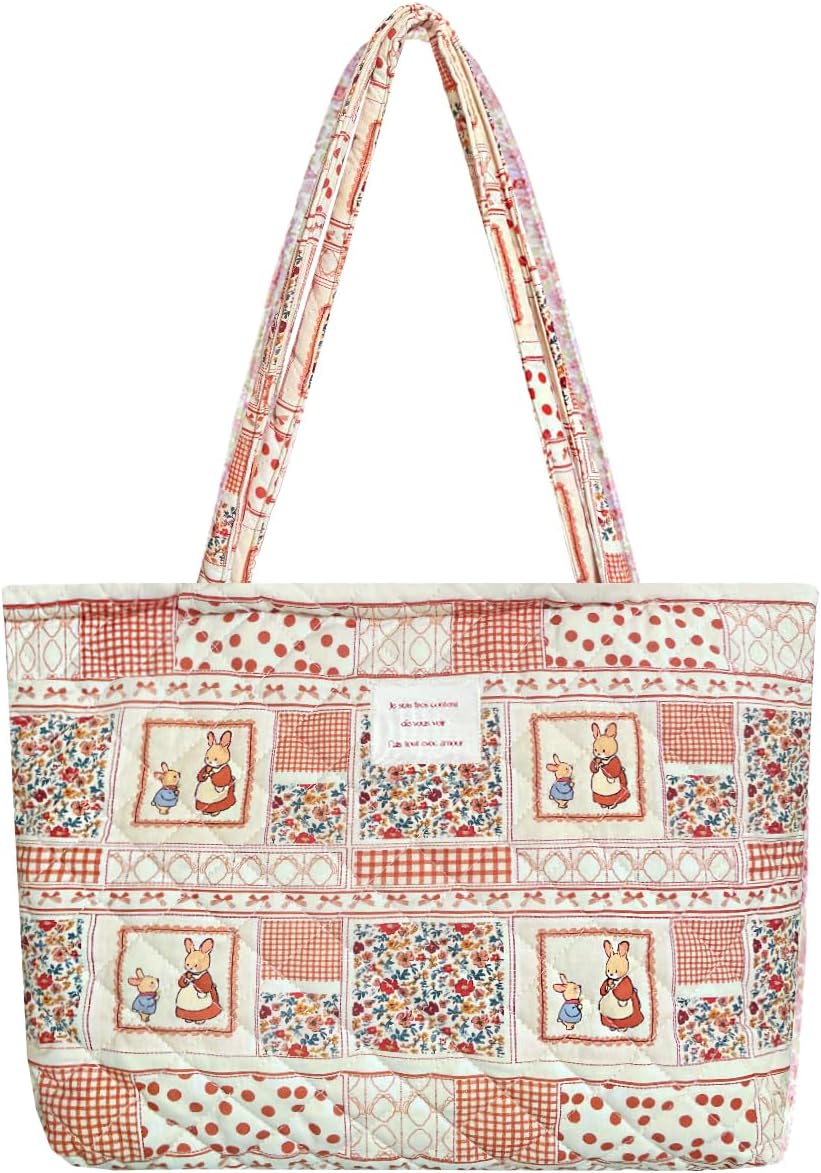 Small Floral Quilted Tote Bag with Zipper Closure for Women Girls