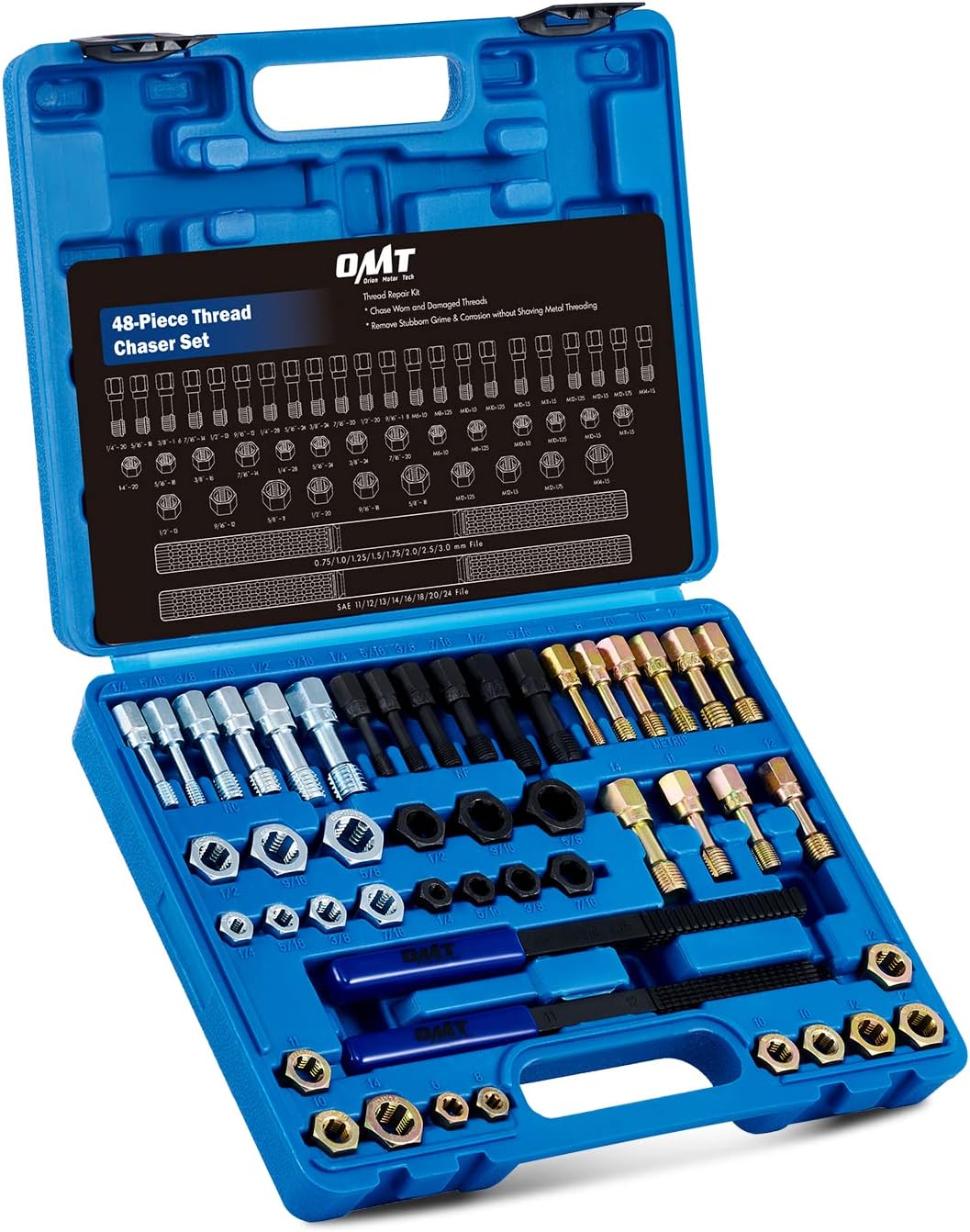 Orion Motor Tech 48 Piece Thread Chaser Set, Metric and SAE Thread Repair Kit with 22 Taps 24 Dies 2 Thread Files, Universal Rethreading Kit Thread Restorer Tool Set in UNC UNF Metric Sizes with Case