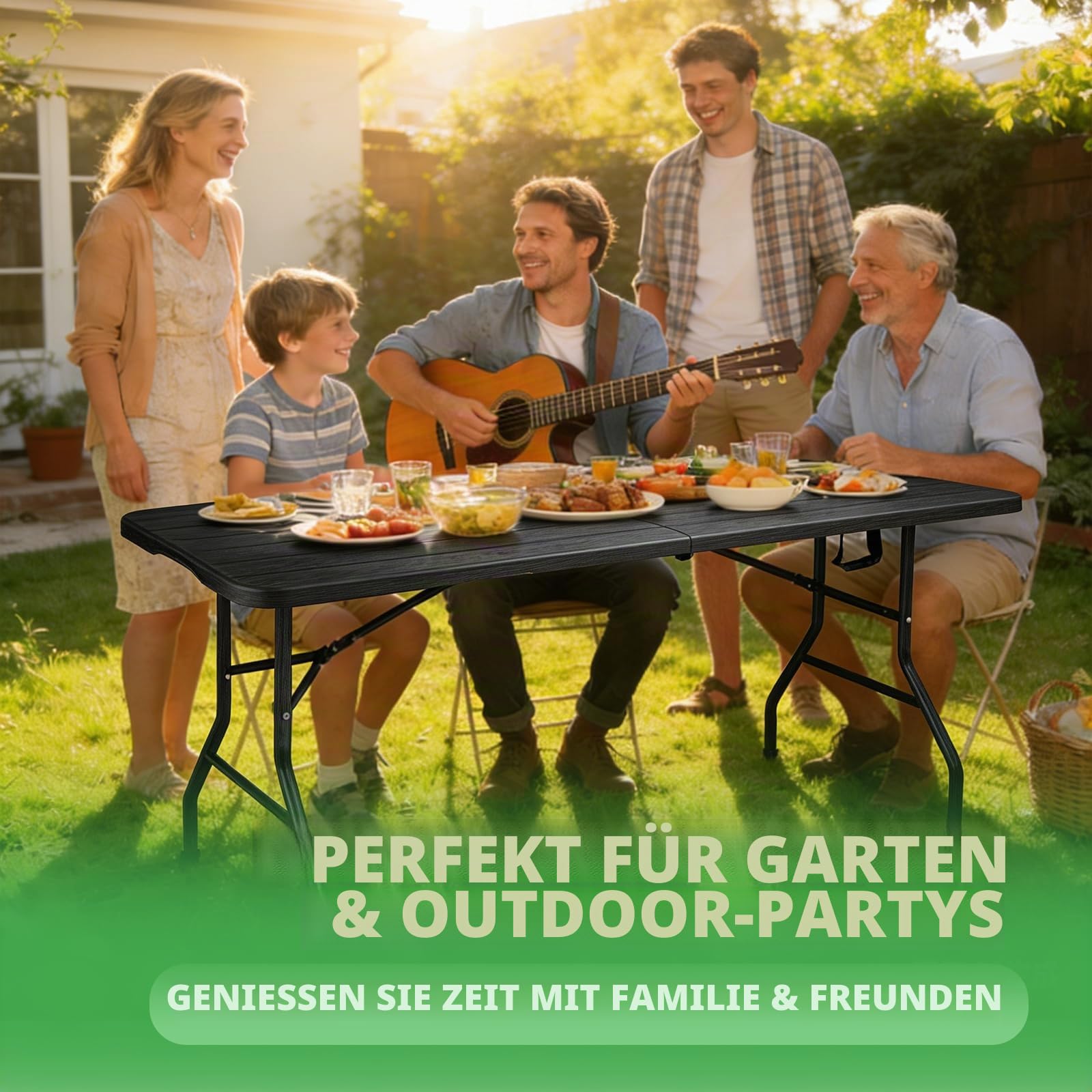 Klappbarer Gartentisch 180x74cm, Outdoor Campingtisch für 8 Personen, schwarz mit Holzoptik-Kunststoffplatte, Metallrahmen, belastbar 150kg, 3 Sicherheitsverschlüsse, Buffetstisch für Garten, Balkon