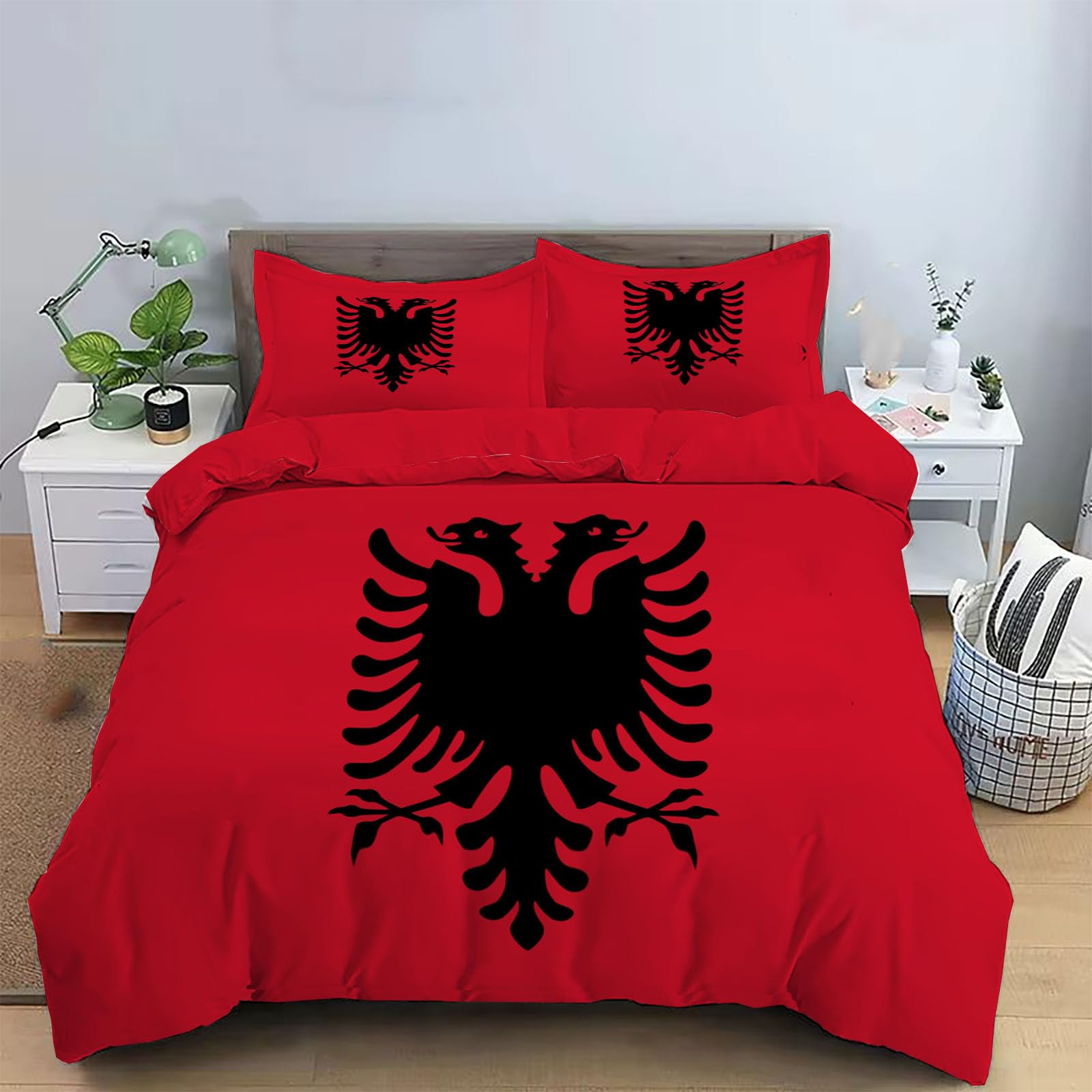 WunM Studio National Flag Duvet Cover Sets,Double Size Modern Reversible Creative Albania Flag Bedding Set with Pillowcases for Adult Teens 100% Microfiber Zipper Closure Corner Ties -Ultra Soft