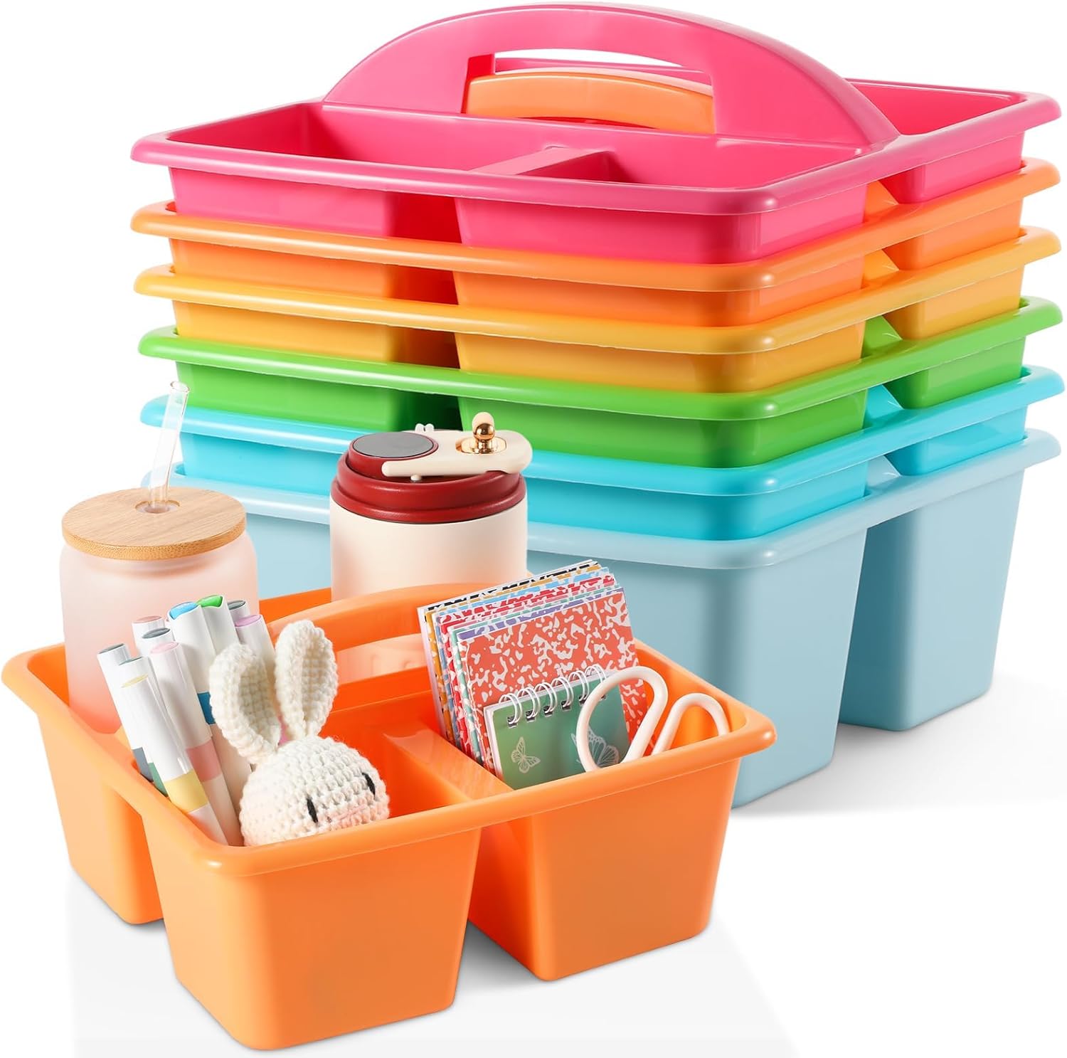 6 Pack 3 Compartment Small Caddy Plastic Classroom Organizer with Handle Portable Teacher Supply Storage Caddy Craft Art Caddies for Pencil, Crayon, Marker, Home, Office, School Supplies(Multicolored)