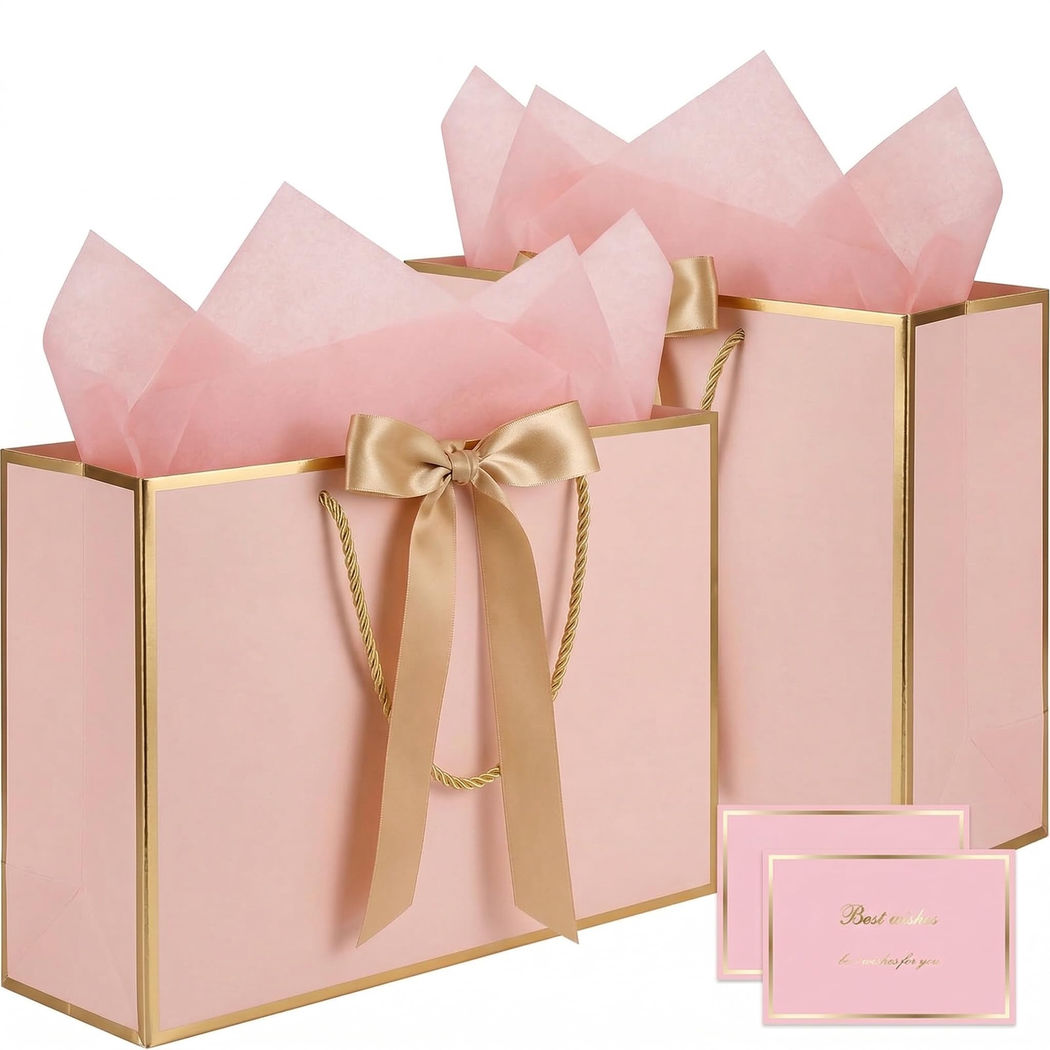 2PCS Gift Bags Set, 12.6×10×4 Inches Large Gift Wrap Bags with Handles 4 Tissue Paper 2 Ribbon 2 Greeting Cards, Cute Present Bag for Wedding Birthday Engagement Party Favor (Pink and Gold)