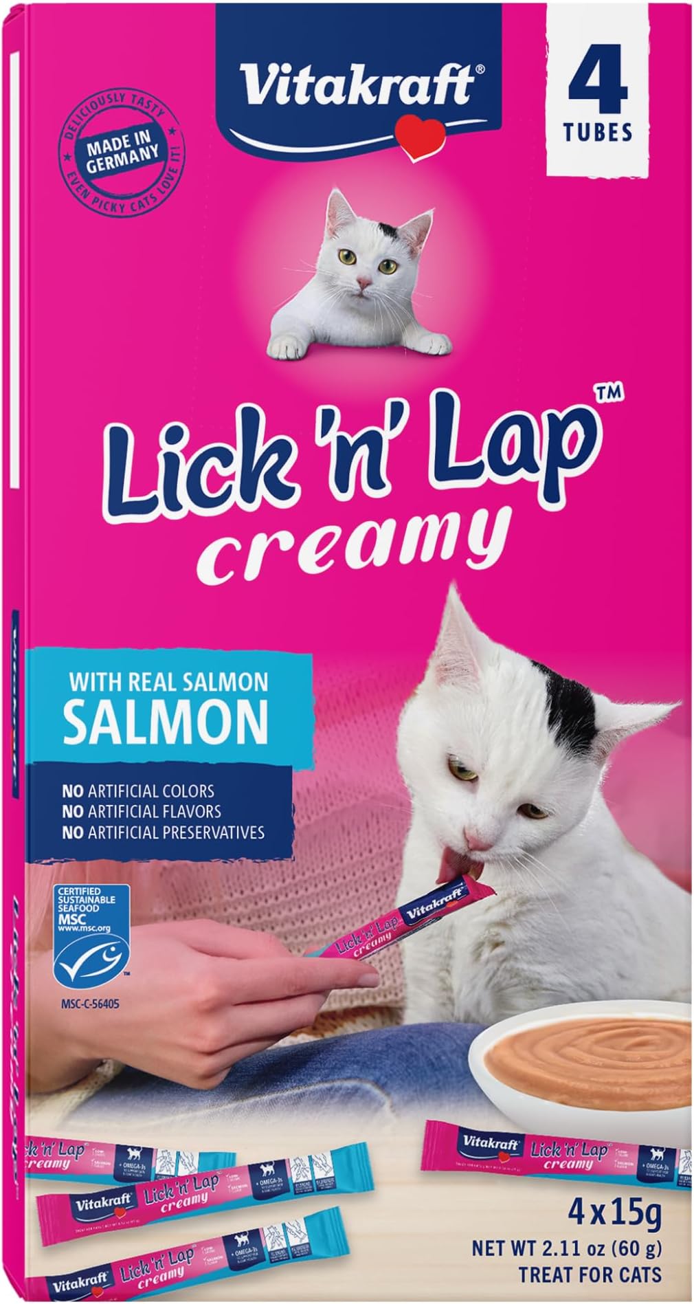 Vitakraft Lick 'n' Lap Snack Creamy, Cat Treat with Real Salmon, 4 Count