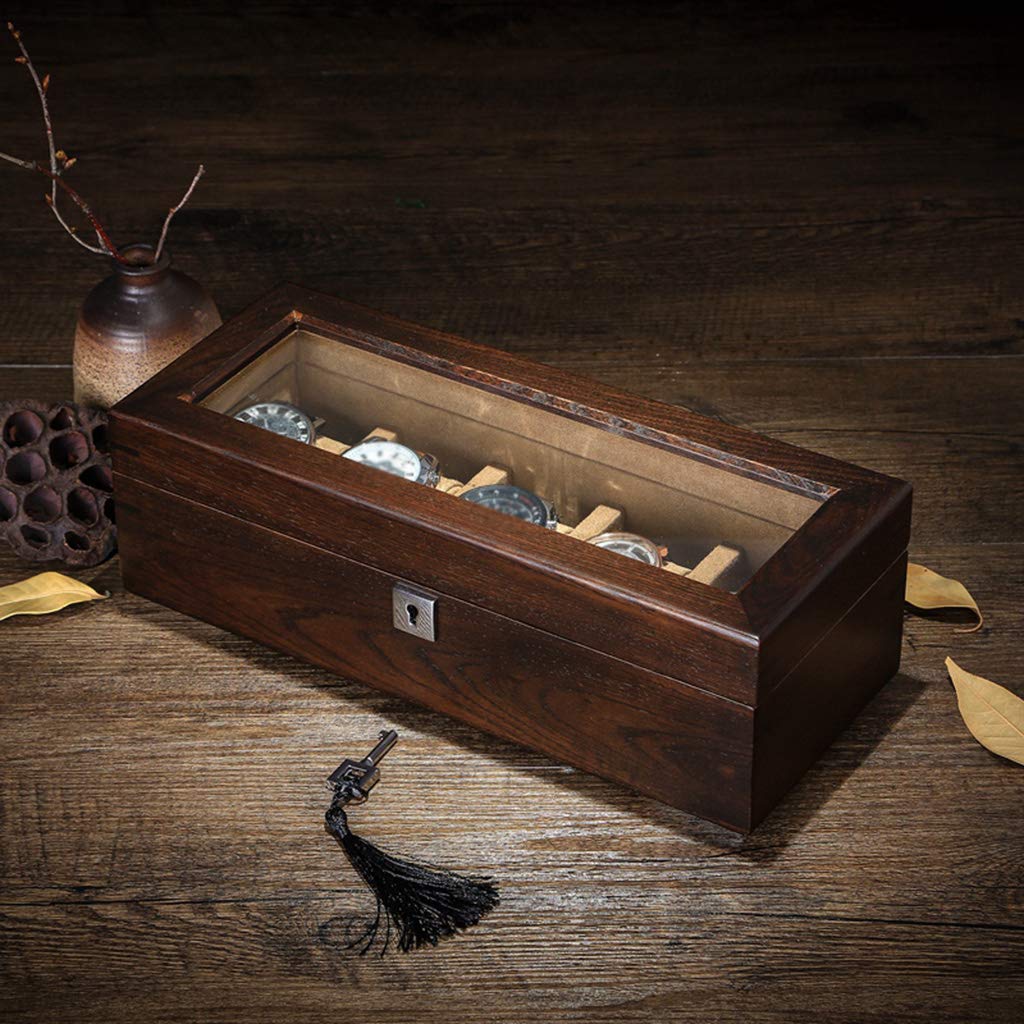 Caja de reloj, caja de colección de joyas, soporte organizador, bandeja para pulsera, caja de almacenamiento de exhibición de madera con tapa de vidrio y 5 almohadas de almacenamiento extraíbles