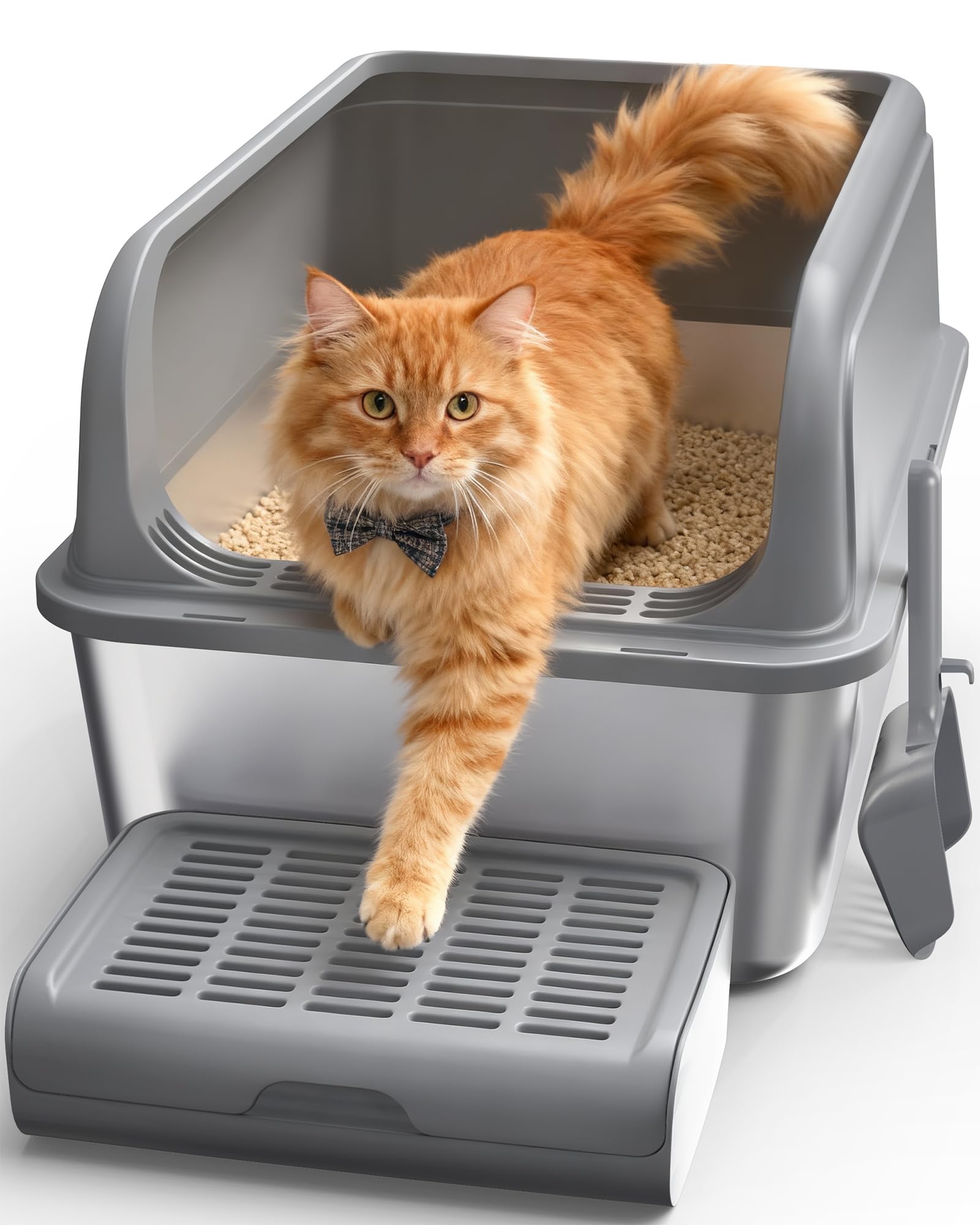 Cat Litter Box - Stainless Steel Litter Box with Scatter-Proof Elevated Step Board for Kitty Use, Robust & Non-Sticky Metal Cat Box with Scoop, Grey