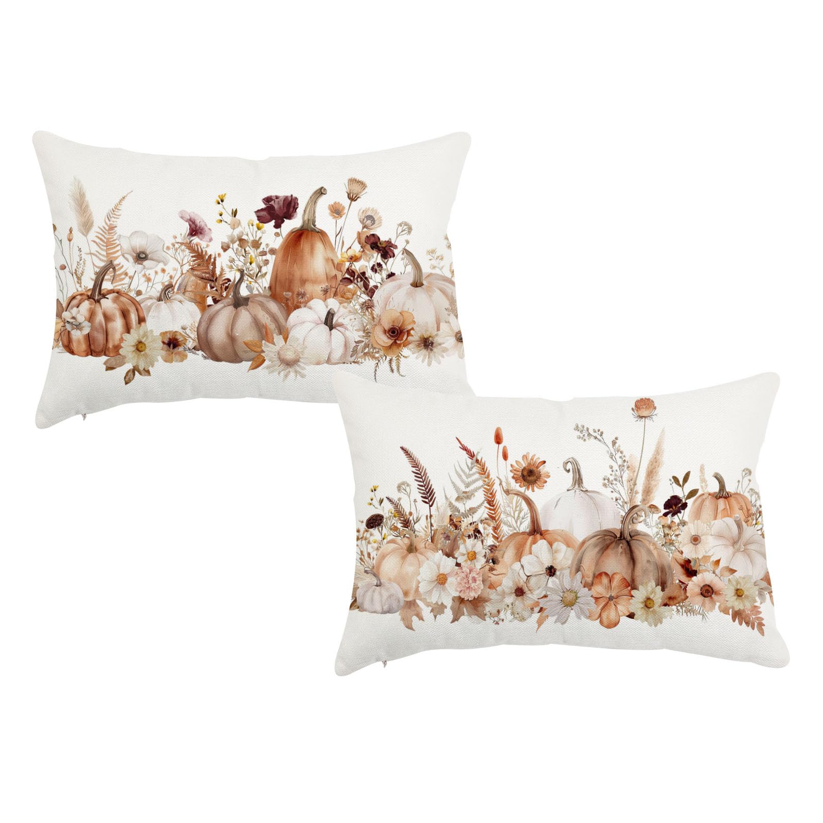 HJZLB Fall Pumpkins Flowers Throw Pillow Covers 12x20 Inch Set of 2 Autumn Thanksgiving Harvest Decorations Floral Lumbar