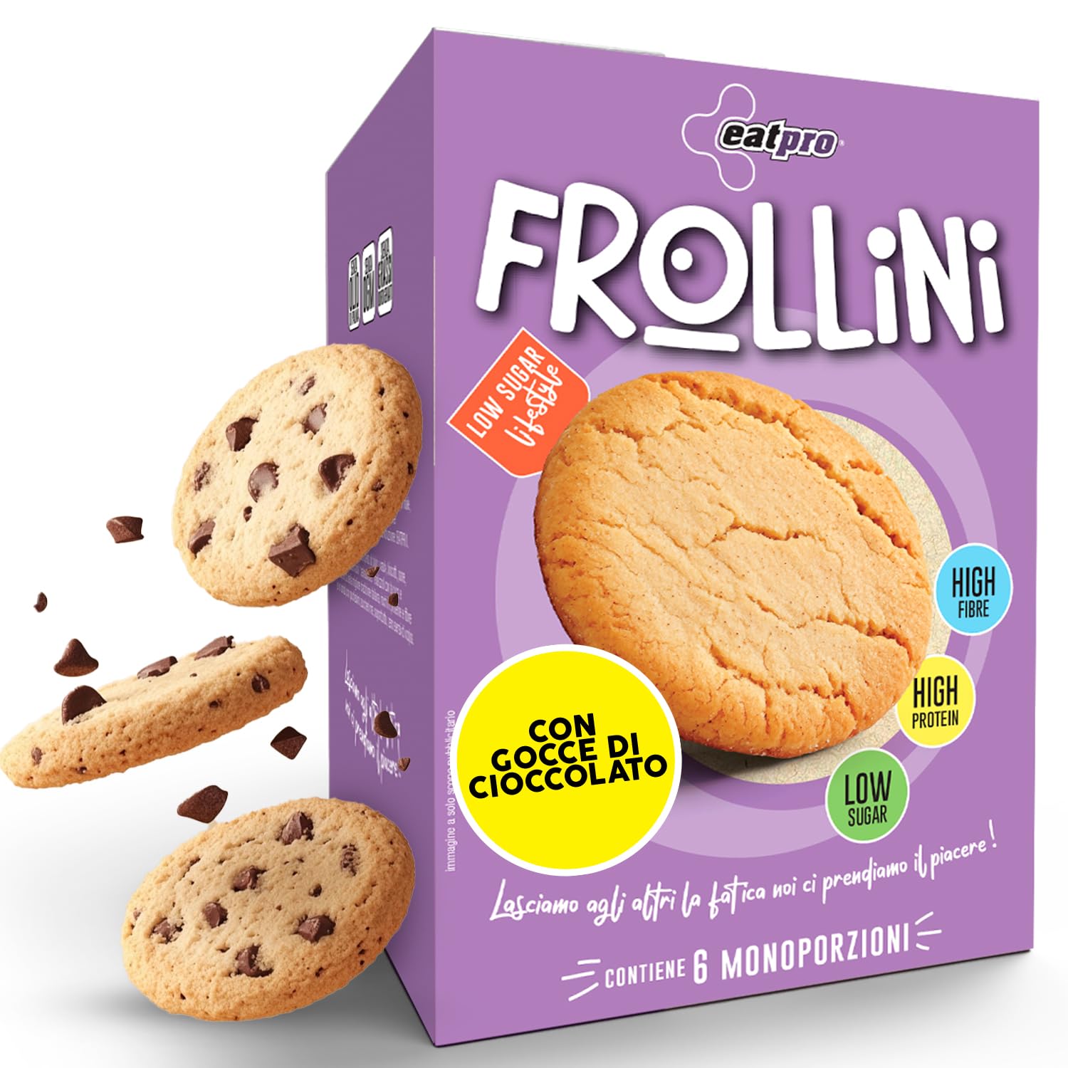 Biscotti Proteici Frollini Con Gocce Di Cioccolato EatPro 6 Monoporzioni Colazione Proteica, Snack Proteici, 30% Proteine 18% Fibre, Low Carb Biscotti Keto Diet, Dieta Chetogenica Prodotti