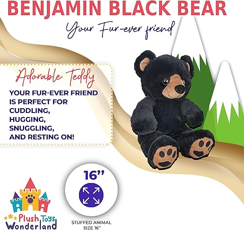 Juguetes de peluche Wanderland Benjamin The Black Bear de 16 pulgadas, juguete de peluche grande y suave para niños, niñas, niños, regalo realista