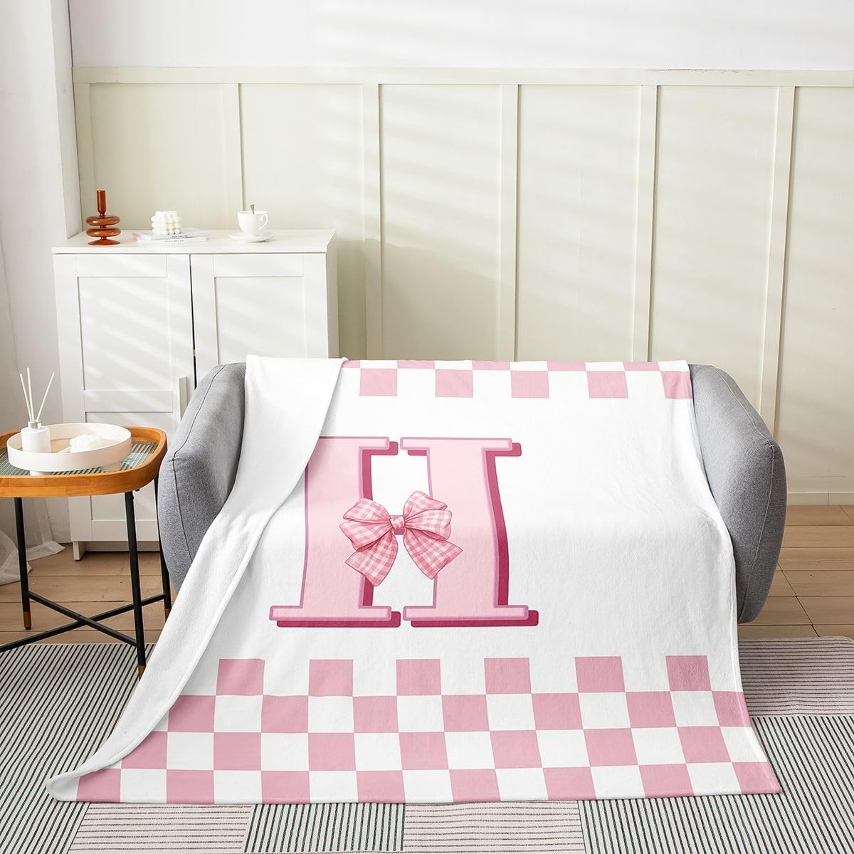 Erosebridal Cute Bowknot Blanket Queen 90x90 Girly Plaid Initial Letter H Flannel Blanket for Bed Sofa Crib Pink and White Geometric Grid Bedroom Decor Chic Trendy Coquette Bows Fuzzy Plush Throw