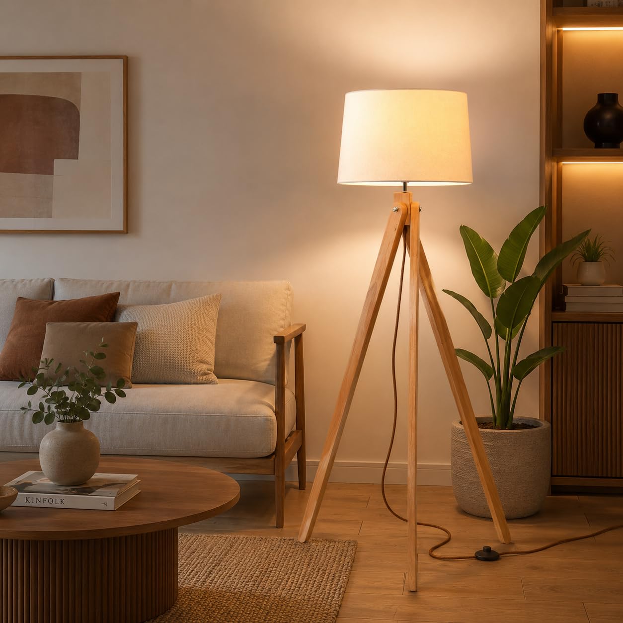 BARCELONA LED NASHUA Stehlampe mit Holzstativ und weißem Stoffschirm – Skandinavische nordische Stehleuchte mit E27 Fassung, minimalistisches Design für Wohnzimmer, Schlafzimmer