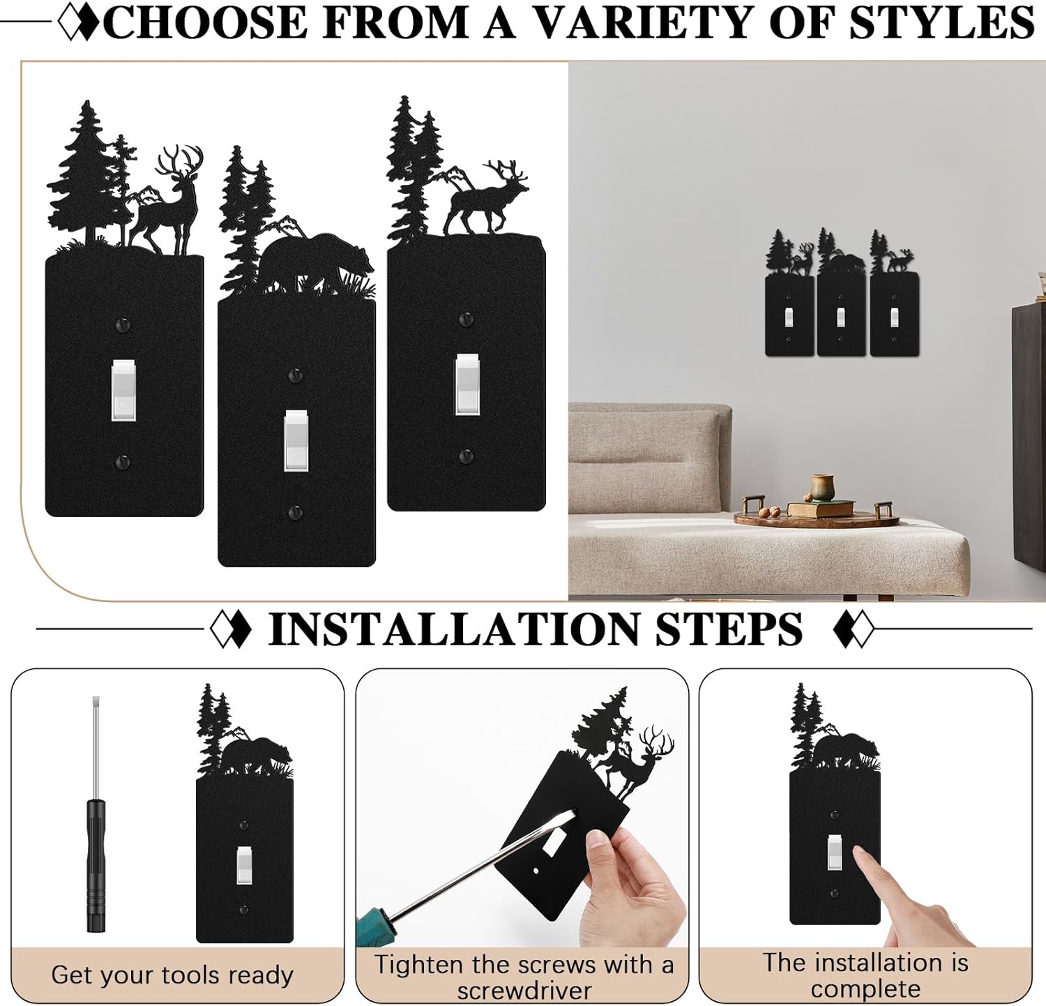 Flutesan 3 Pieces Metal Bear Light Switch Cover Plate Rustic Toggle Moose Light Switch Cover Cute Nature Animal Mountain Outlet Plate Decorative for Bedroom Home Office (Exquisite)