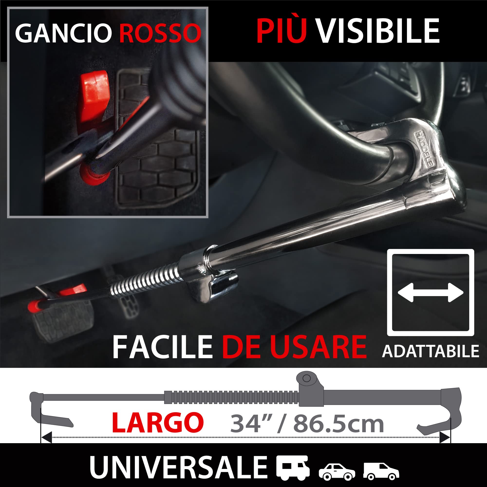 KRASER KR837 Antifurto Auto Blocca Sterzo Pedale Alta Sicurezza Compatta Gancio Telescopico
